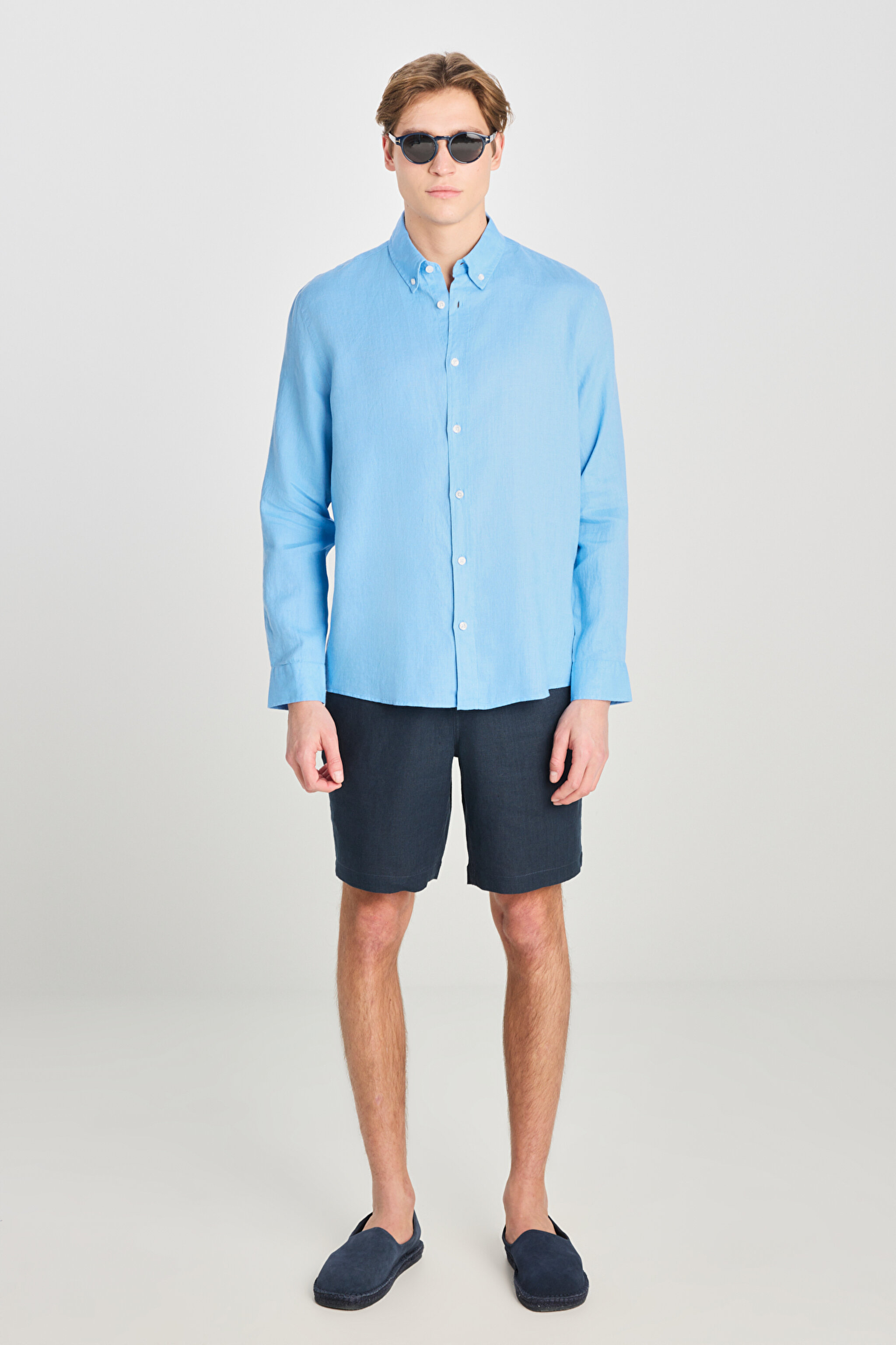 %100 Keten Regular Fit Normal Kesim Mavi Gömlek - Blue-L2510549400 (görsel 3)