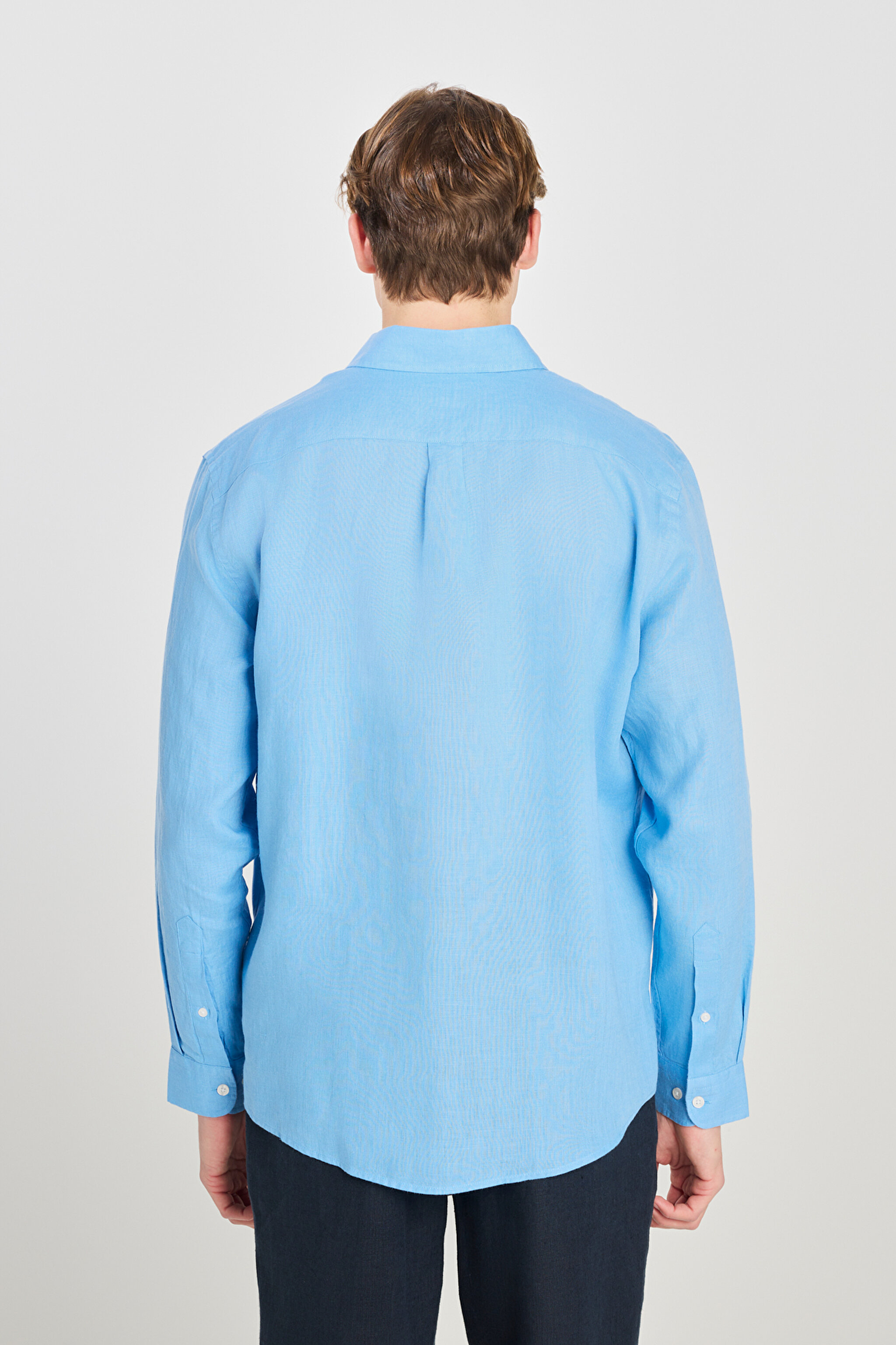 %100 Keten Regular Fit Normal Kesim Mavi Gömlek - Blue-L2510549400 (görsel 5)