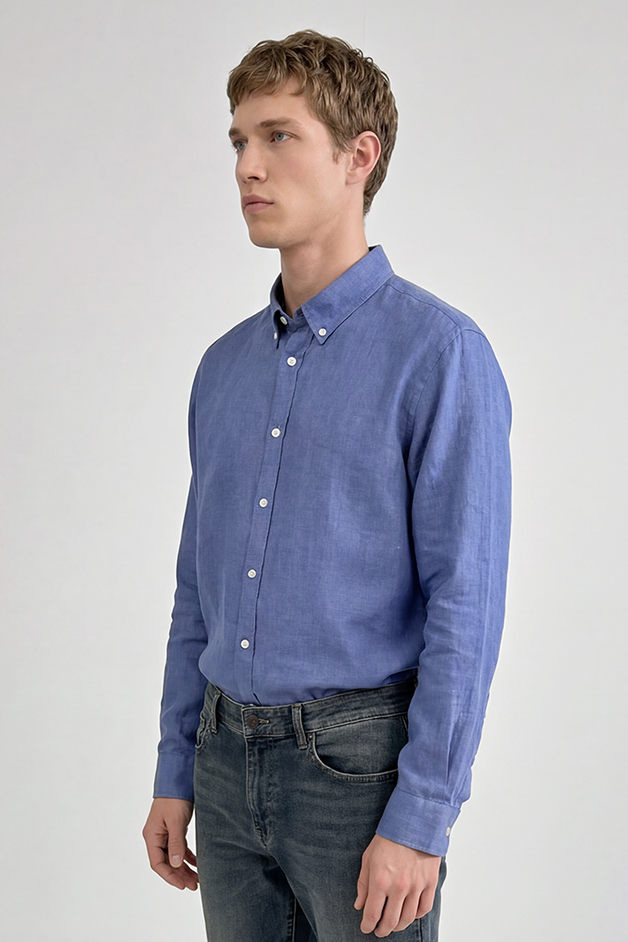 %100 Keten Nefes Alabilen Rahat Kumaş Regular Fit Normal Kesim Gömlek - Blue-L2510549402 (görsel 3)