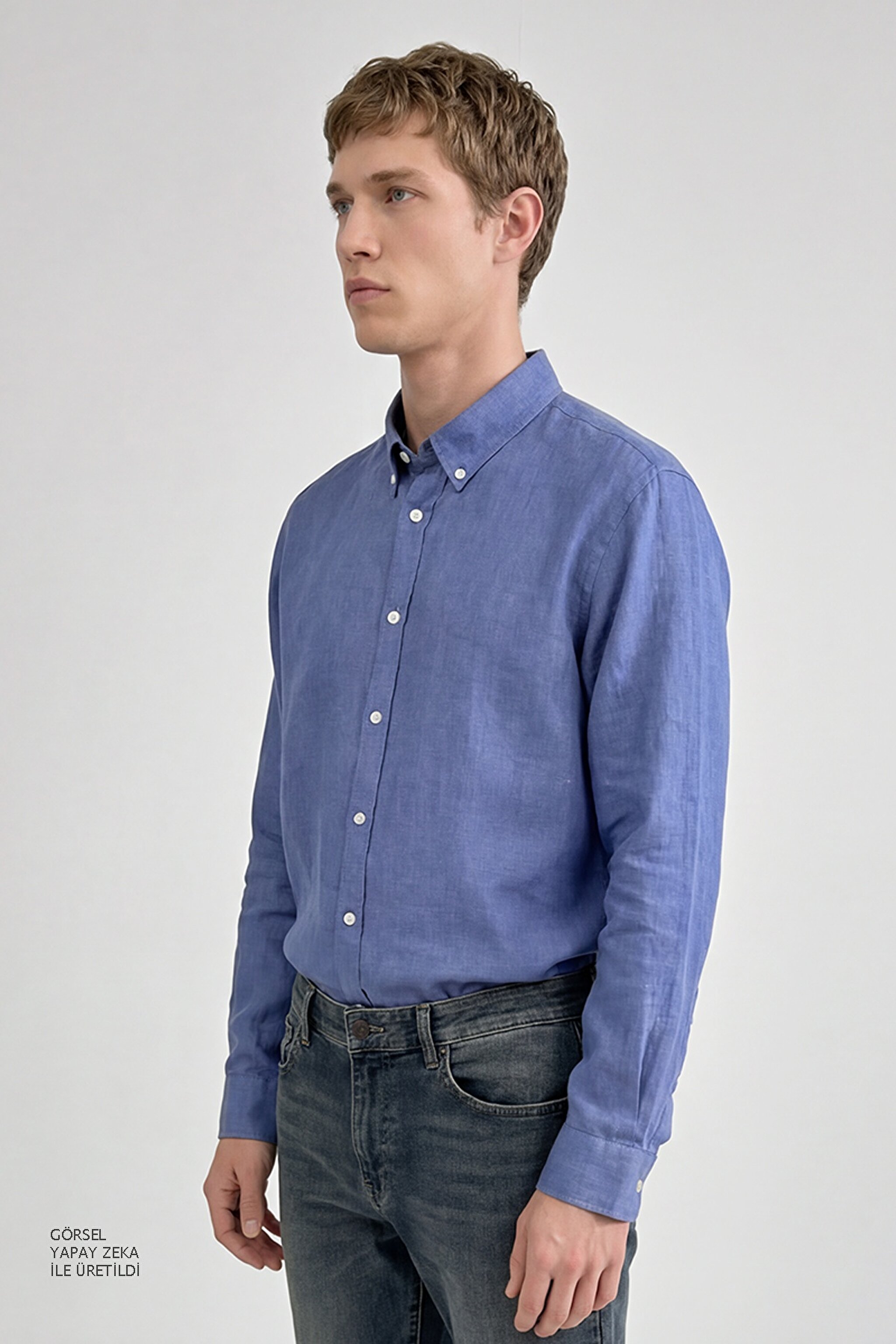 %100 Keten Nefes Alabilen Rahat Kumaş Regular Fit Normal Kesim Gömlek - Blue-L2510549402 (görsel 2)