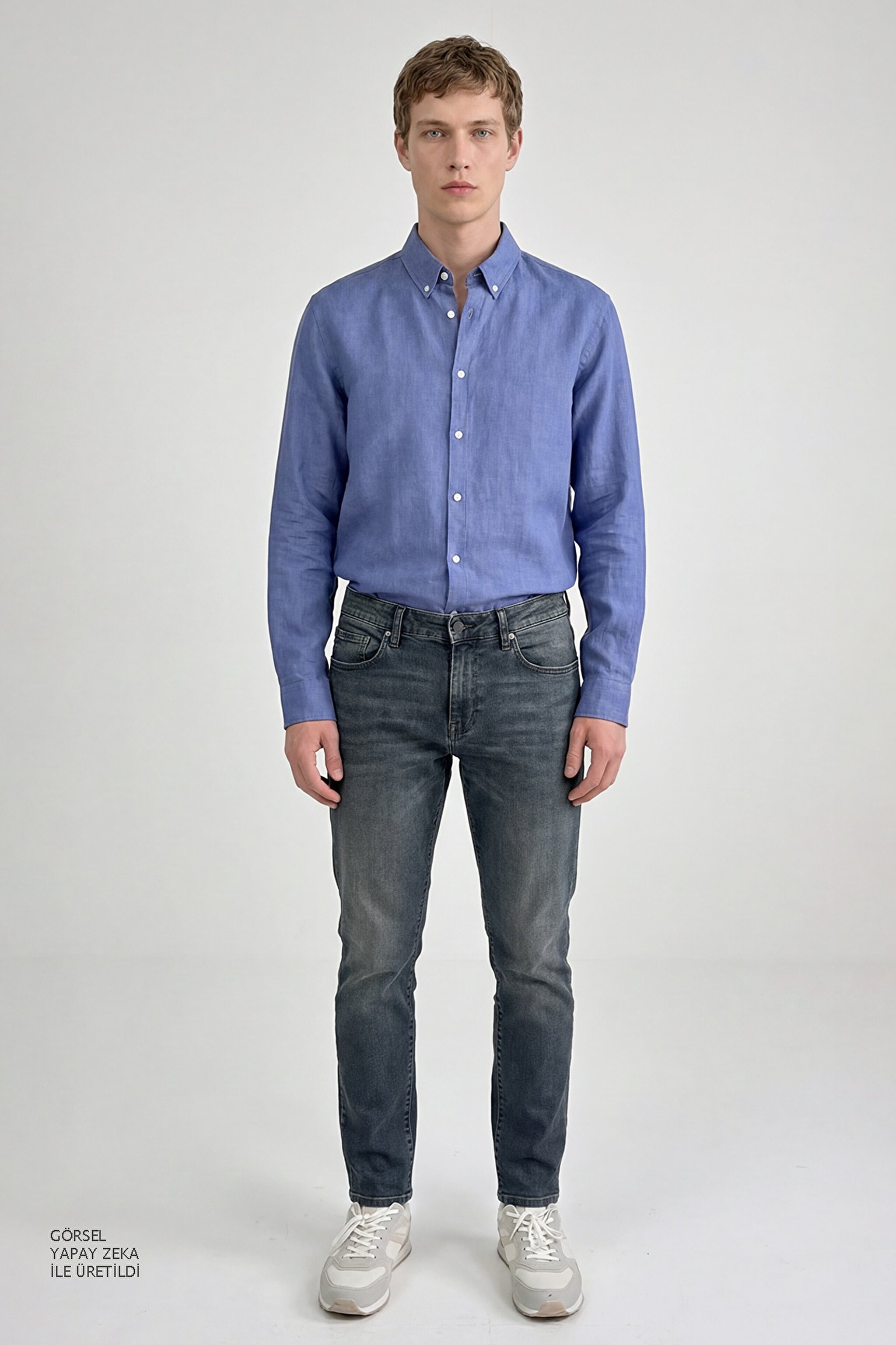 %100 Keten Nefes Alabilen Rahat Kumaş Regular Fit Normal Kesim Gömlek - Blue-L2510549402 (görsel 4)