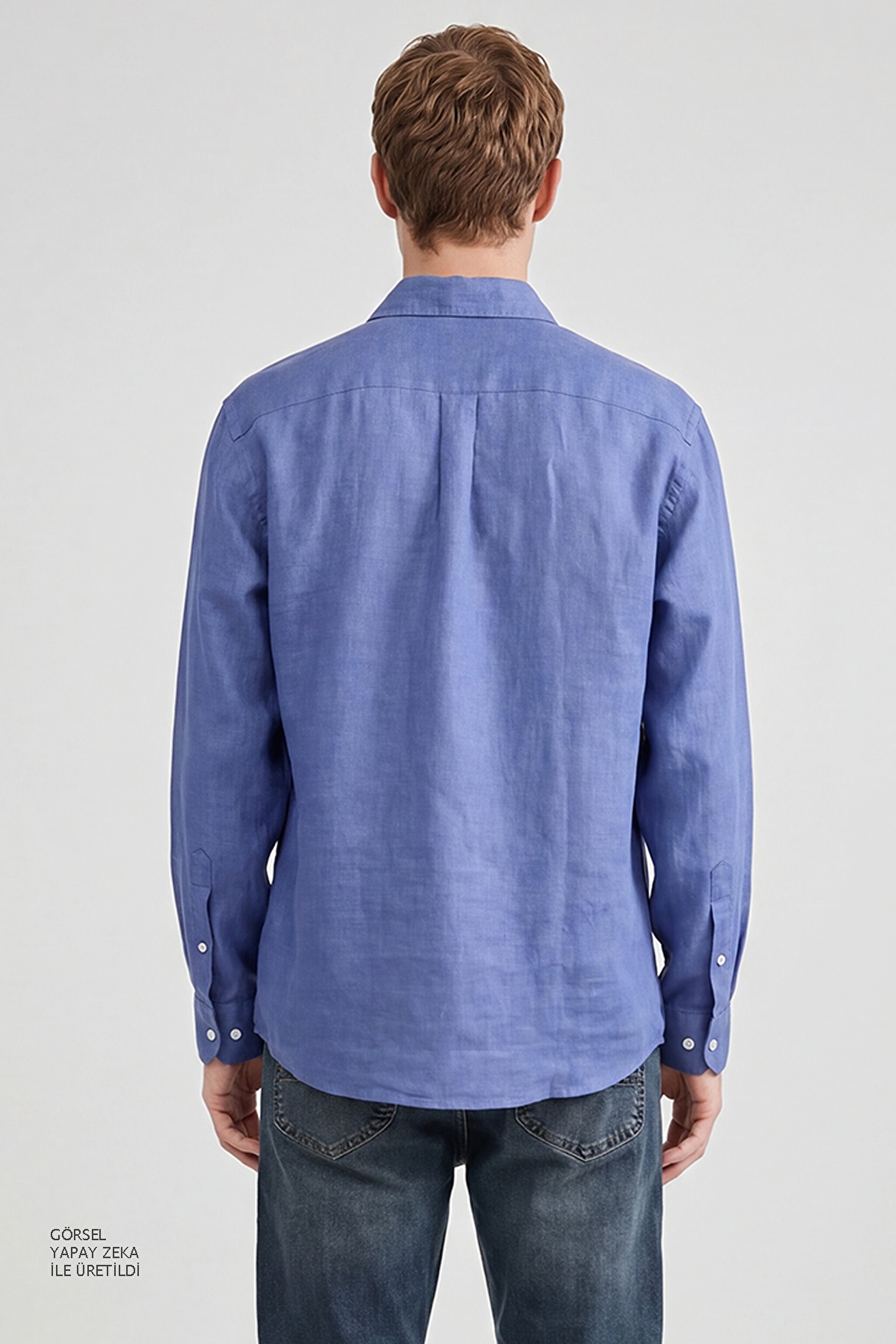 %100 Keten Nefes Alabilen Rahat Kumaş Regular Fit Normal Kesim Gömlek - Blue-L2510549402 (görsel 5)