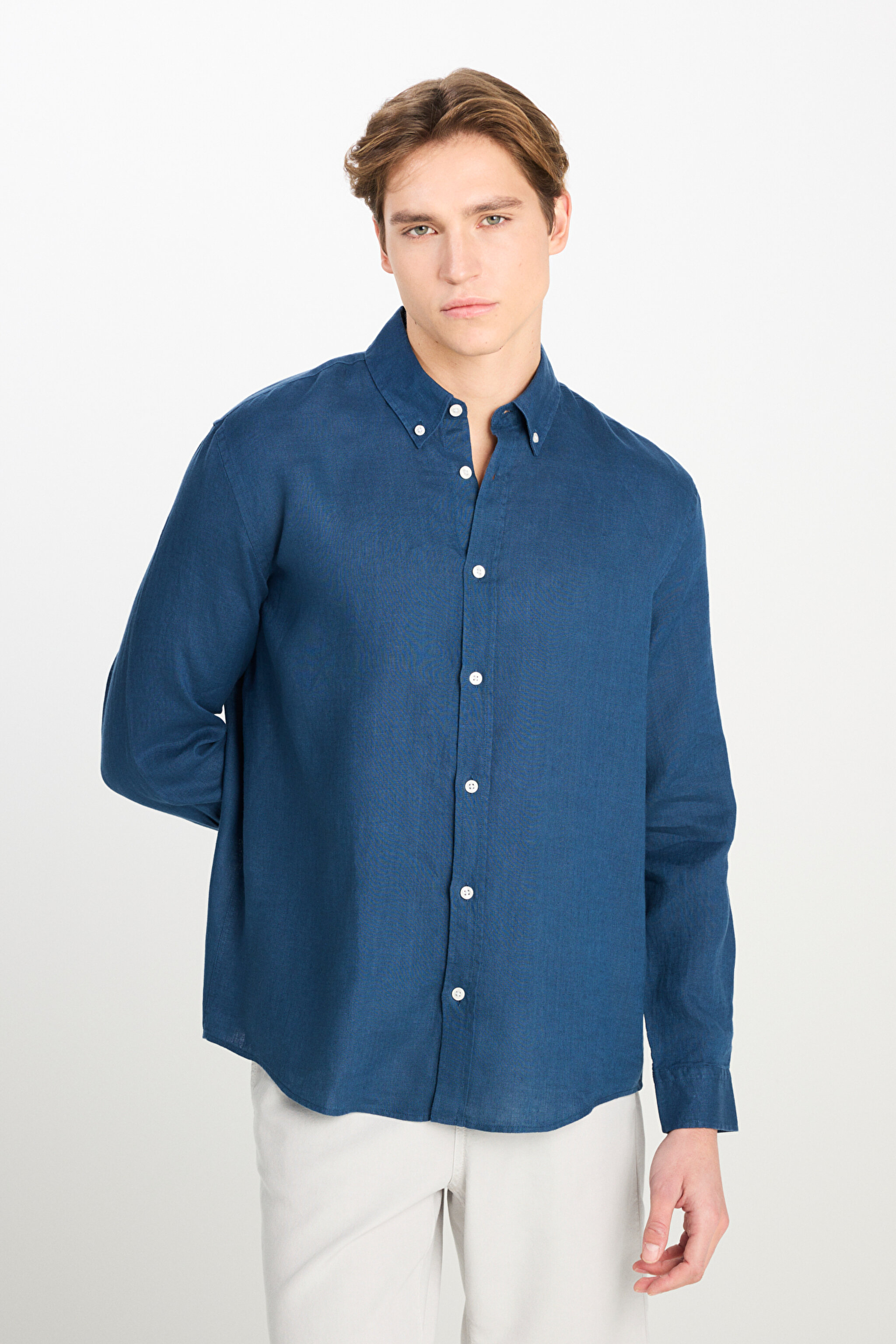 %100 Keten Regular Fit Normal Kesim Lacivert Gömlek
