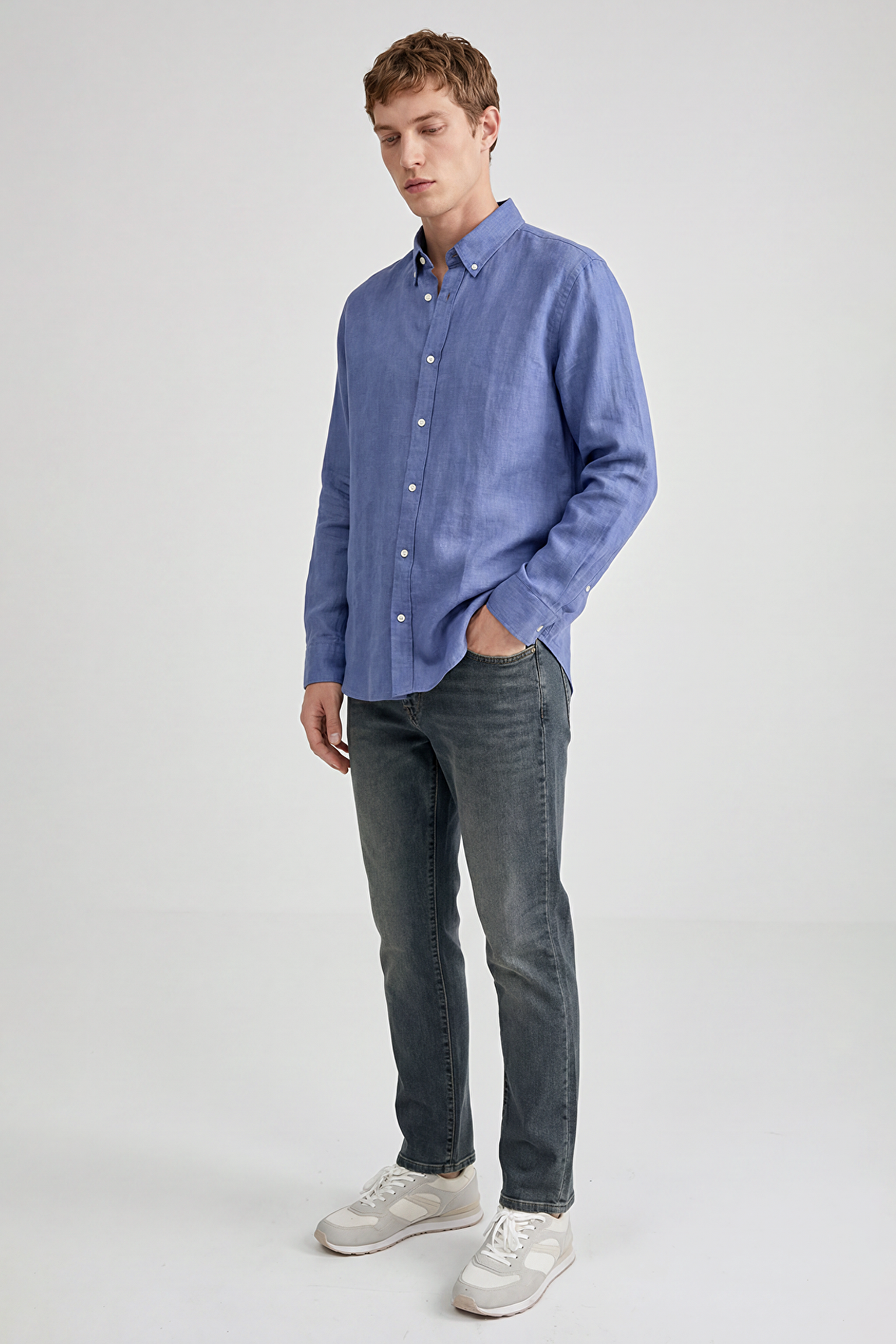 %100 Keten Regular Fit Normal Kesim Lacivert Gömlek - Navy-L2510549410 (görsel 2)