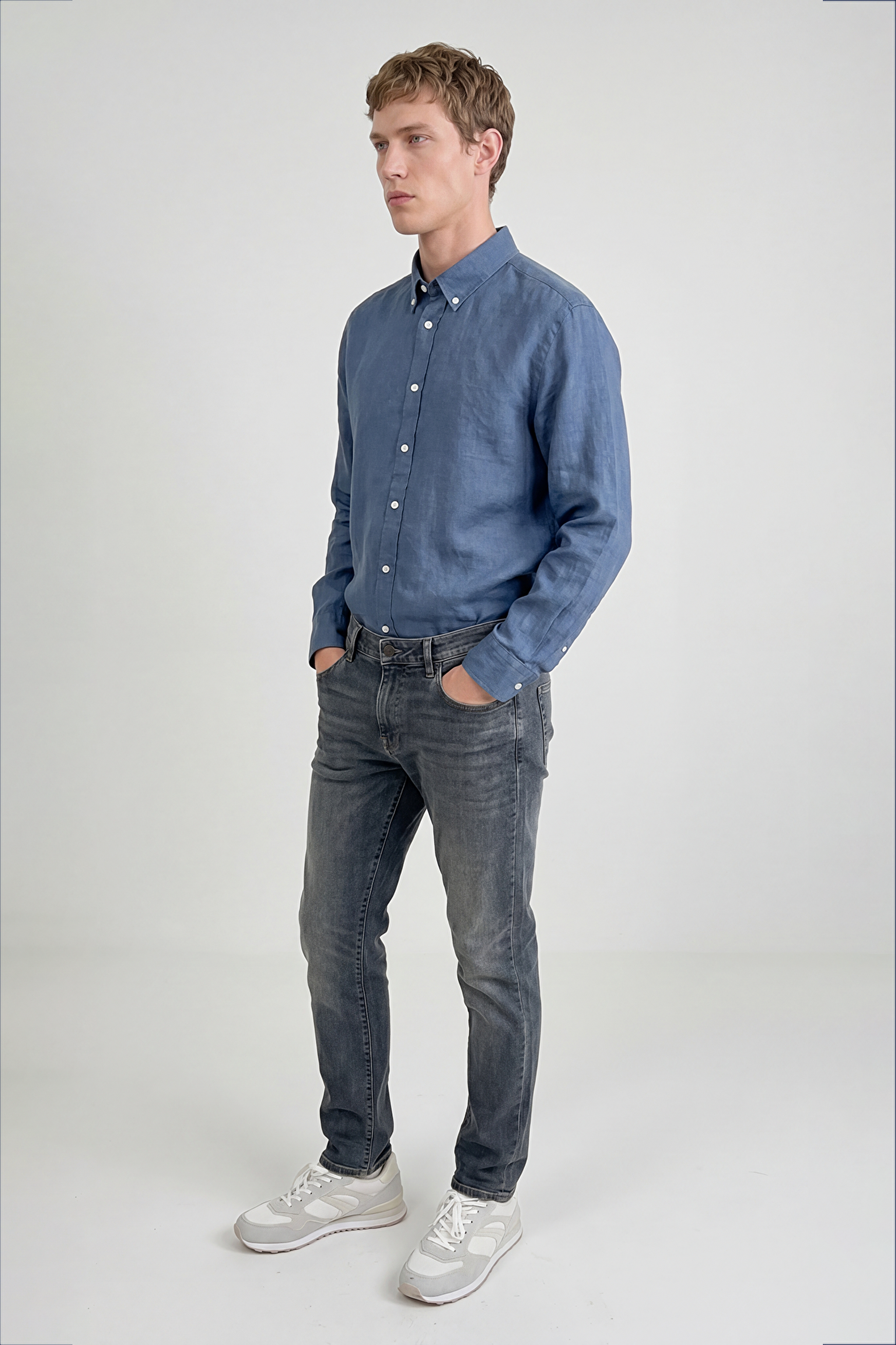%100 Keten Regular Fit Normal Kesim Lacivert Gömlek - Navy-L2510549410 (görsel 2)