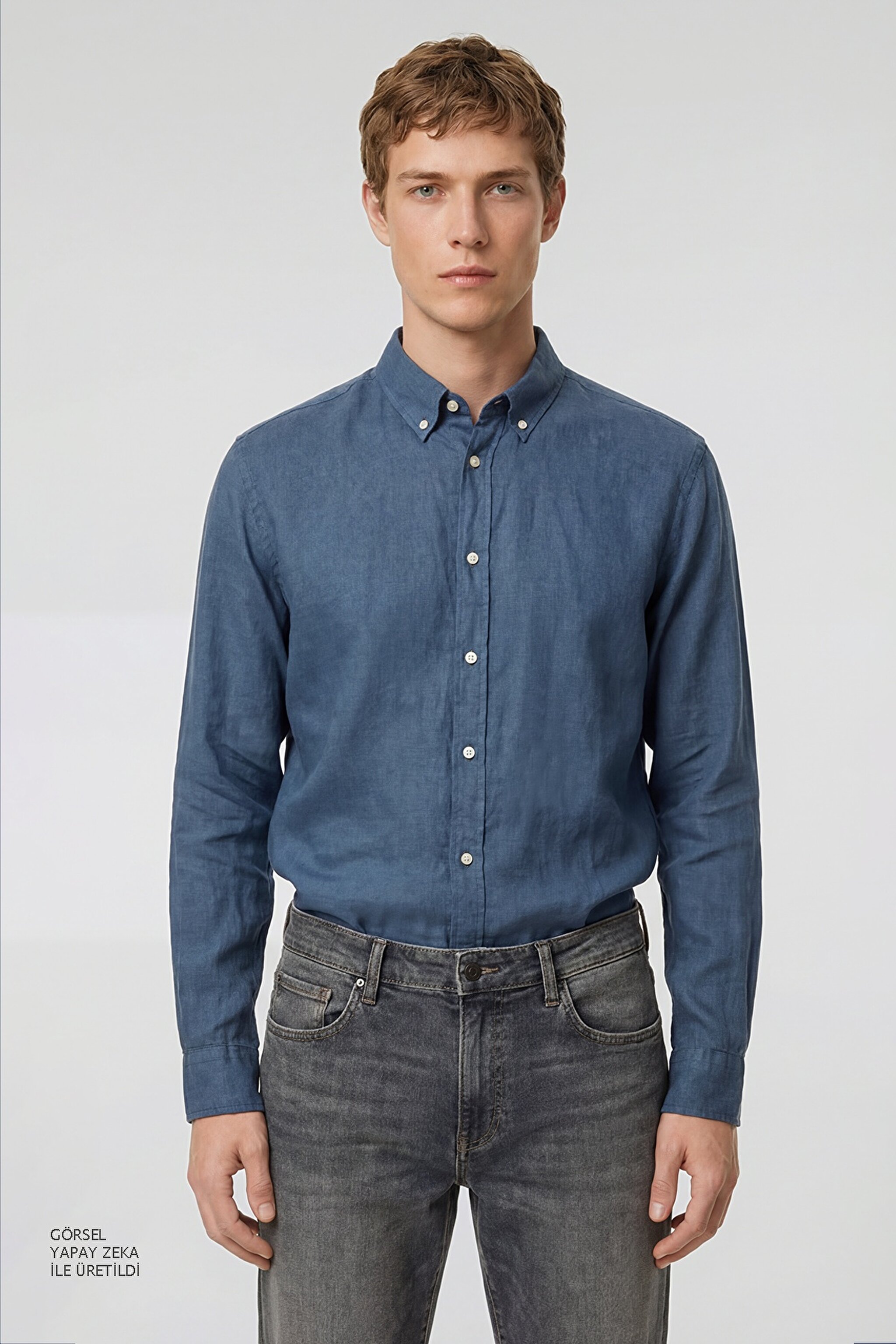 %100 Keten Regular Fit Normal Kesim Lacivert Gömlek - Navy-L2510549410 (görsel 2)