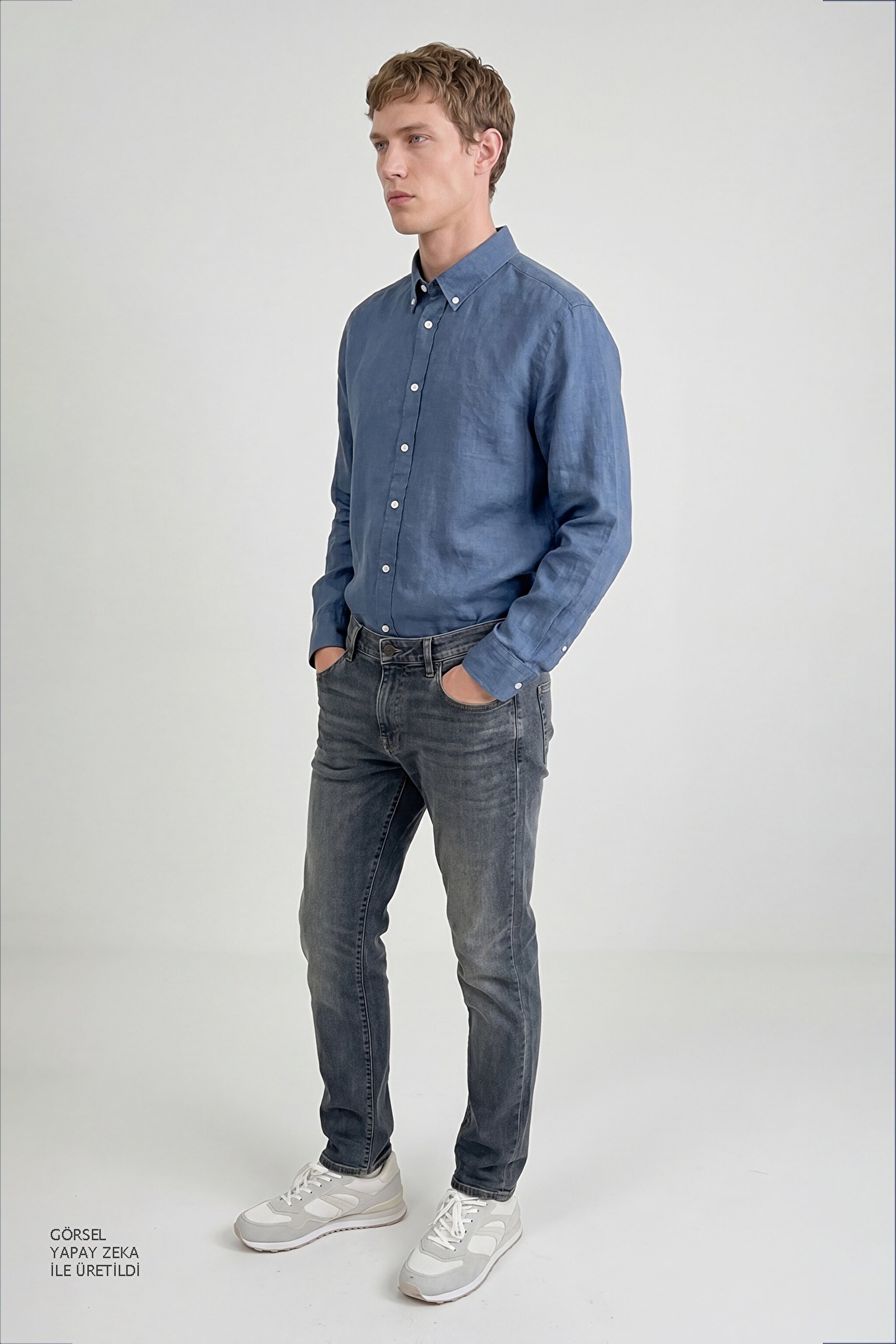 %100 Keten Regular Fit Normal Kesim Lacivert Gömlek - Navy-L2510549410 (görsel 4)