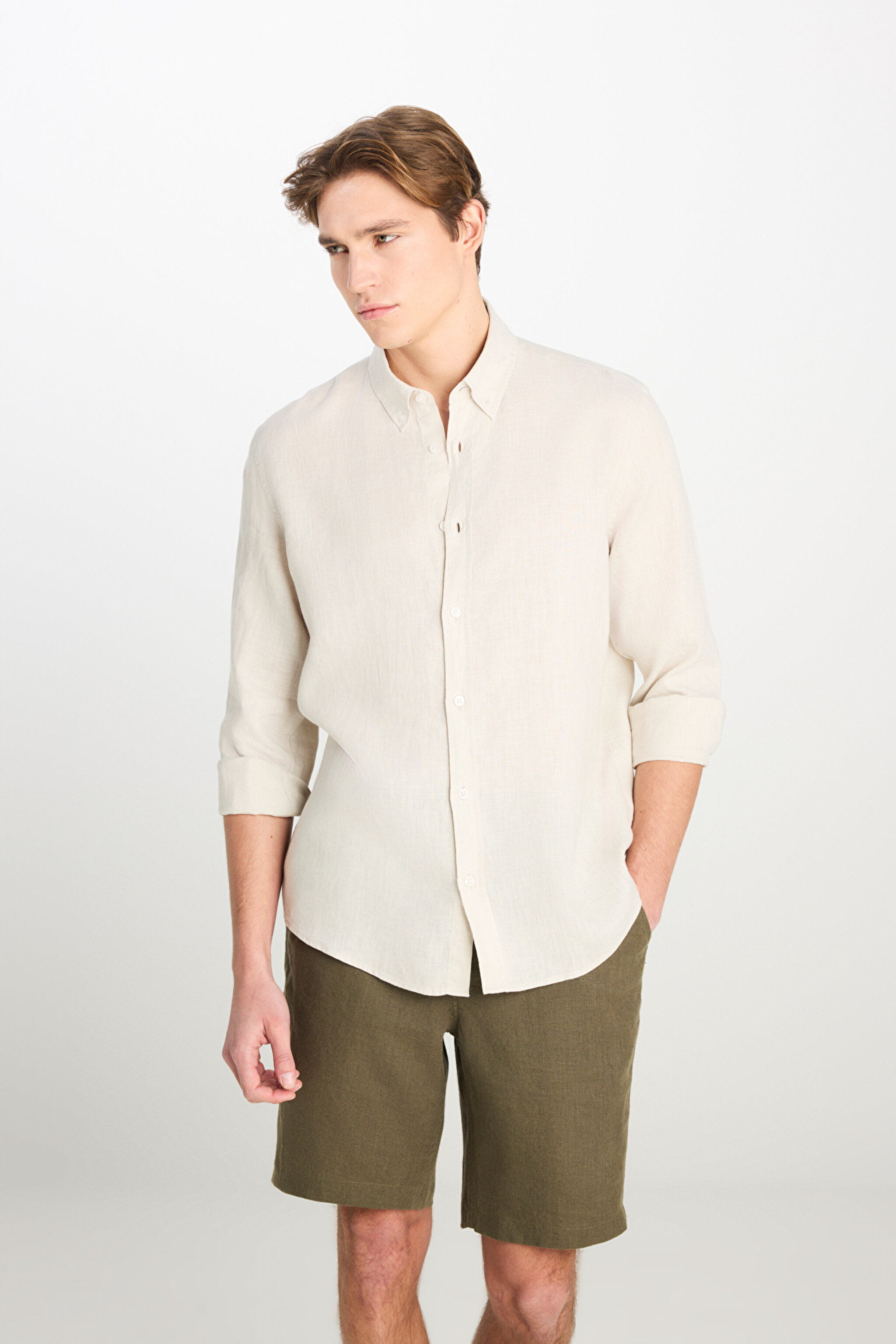 %100 Keten Regular Fit Normal Kesim Bej Gömlek