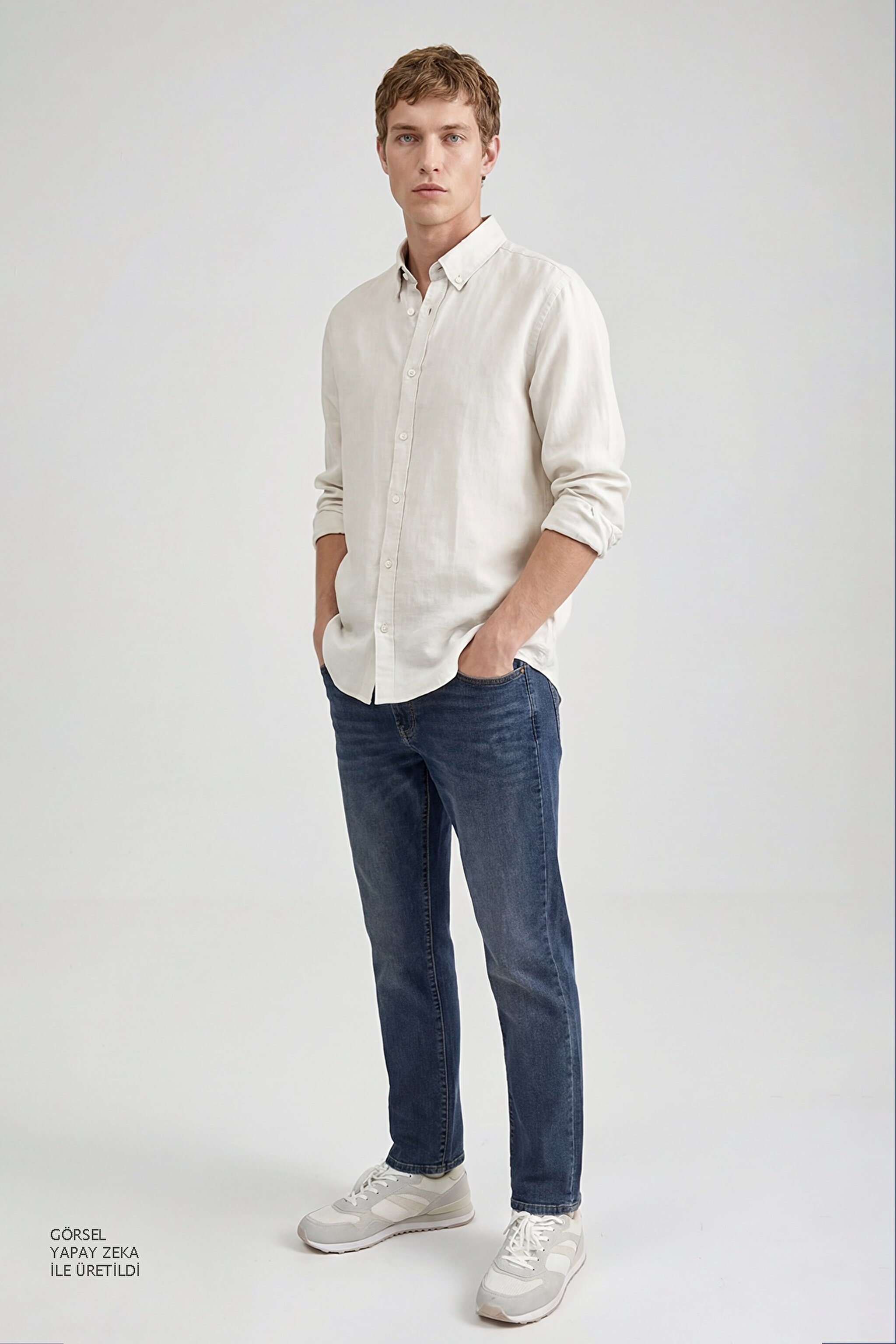 %100 Keten Regular Fit Normal Kesim Bej Gömlek - Beige-L2510549614 (görsel 3)