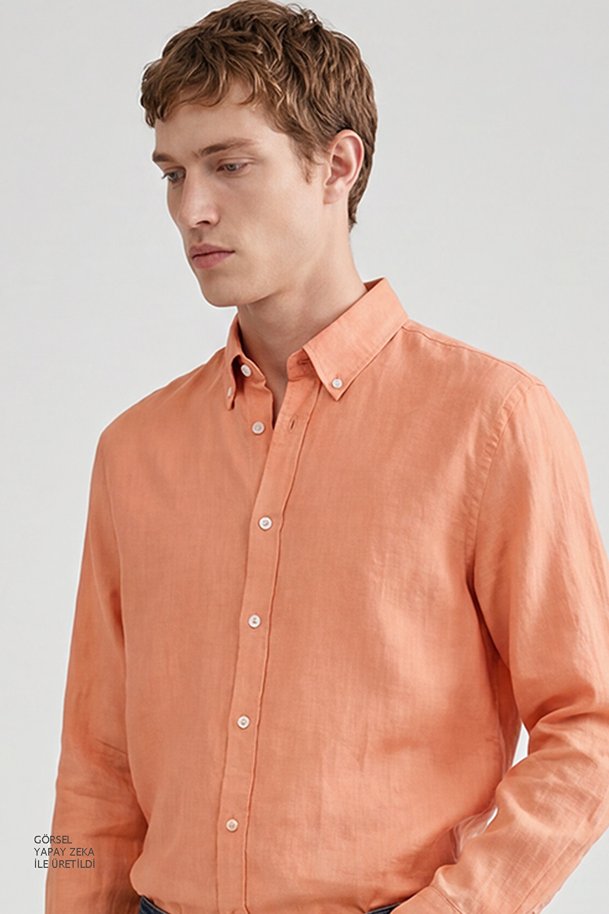 %100 Keten Regular Fit Normal Kesim Turuncu Gömlek - Orange-L2510549700 (görsel 4)