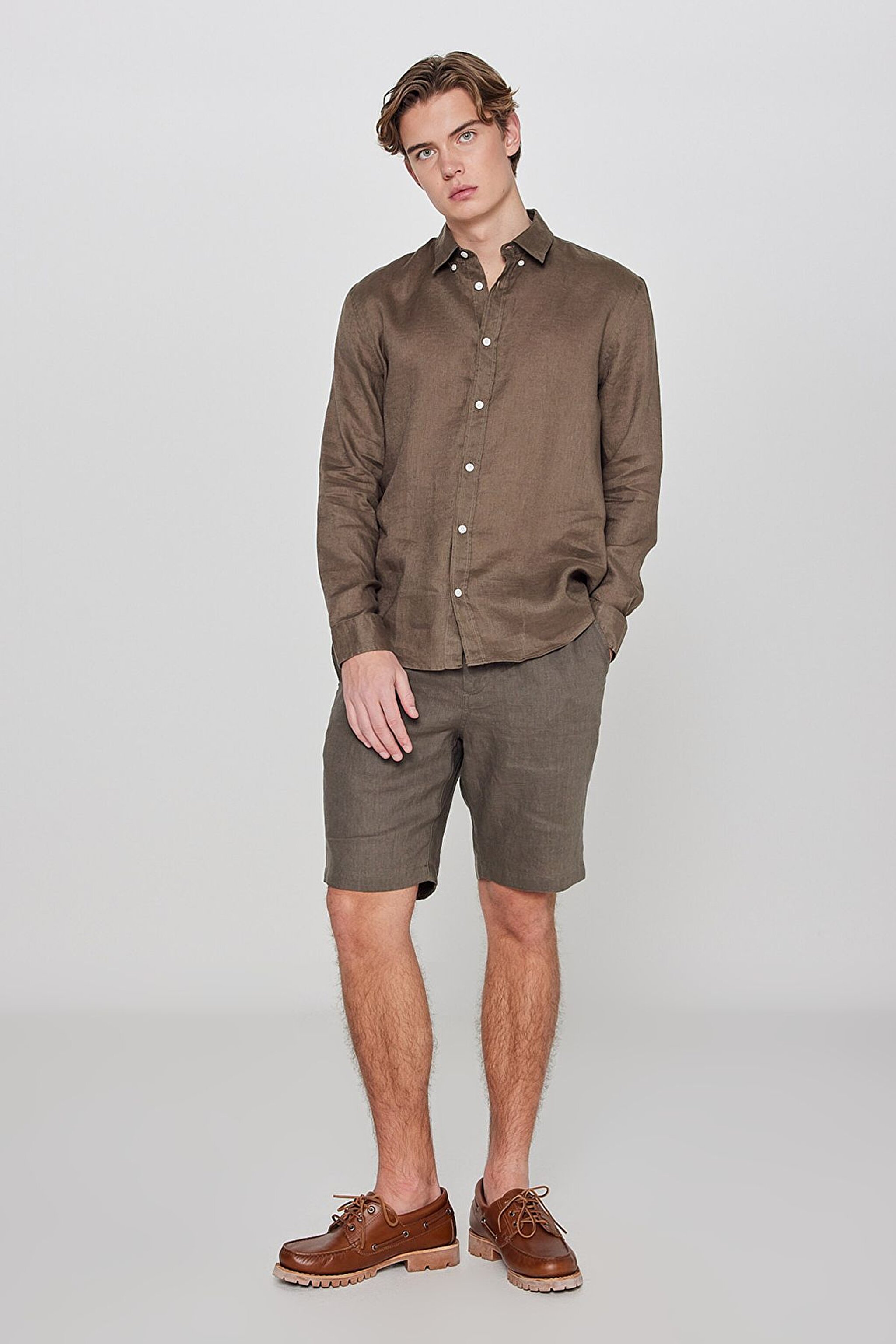 %100 Keten Regular Fit Normal Kesim Haki Gömlek - Khaki-L2510549801 (görsel 3)