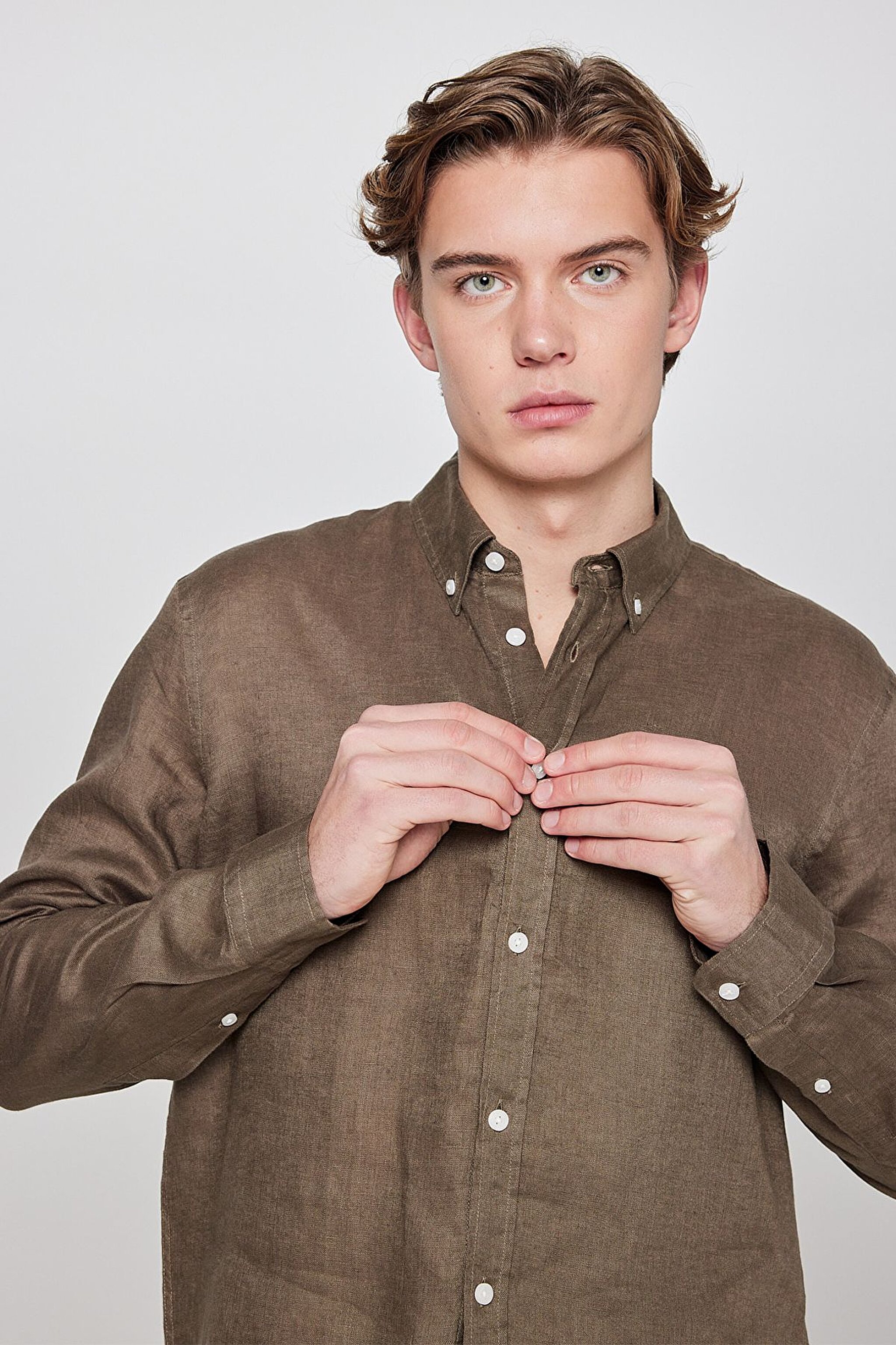 %100 Keten Regular Fit Normal Kesim Haki Gömlek - Khaki-L2510549801 (görsel 4)