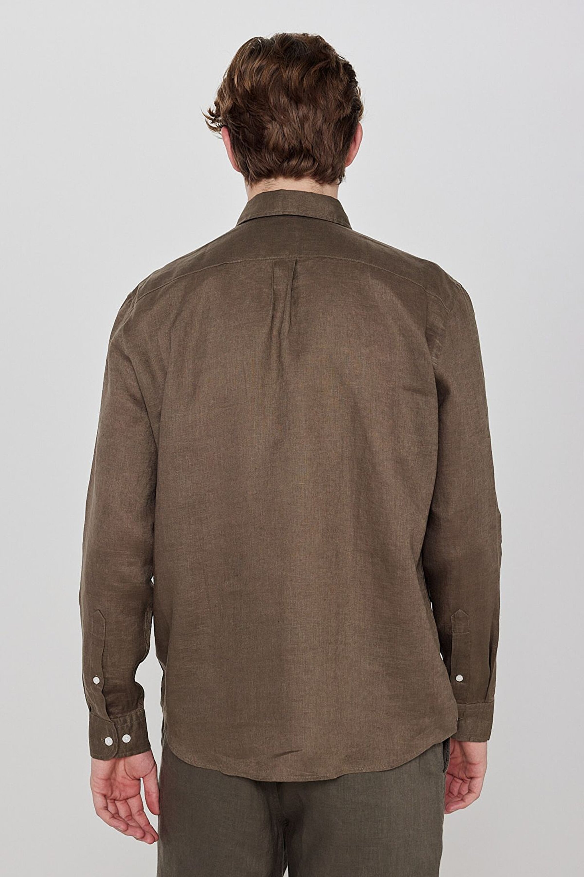 %100 Keten Regular Fit Normal Kesim Haki Gömlek - Khaki-L2510549801 (görsel 5)