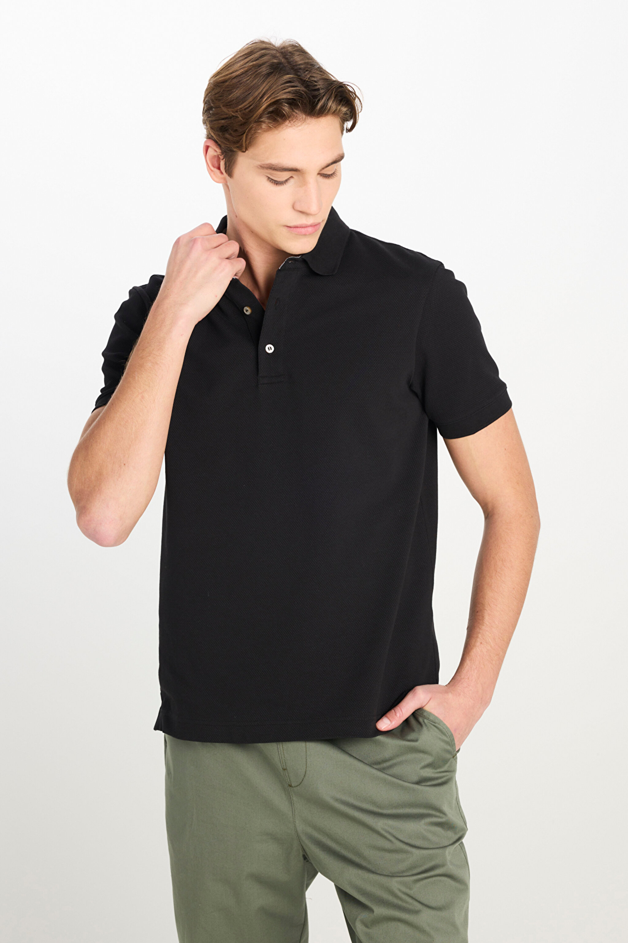 Regular Fit Normal Kesim Siyah Pamuklu Polo Yaka Tişört - Black-L2510551001 (görsel 2)