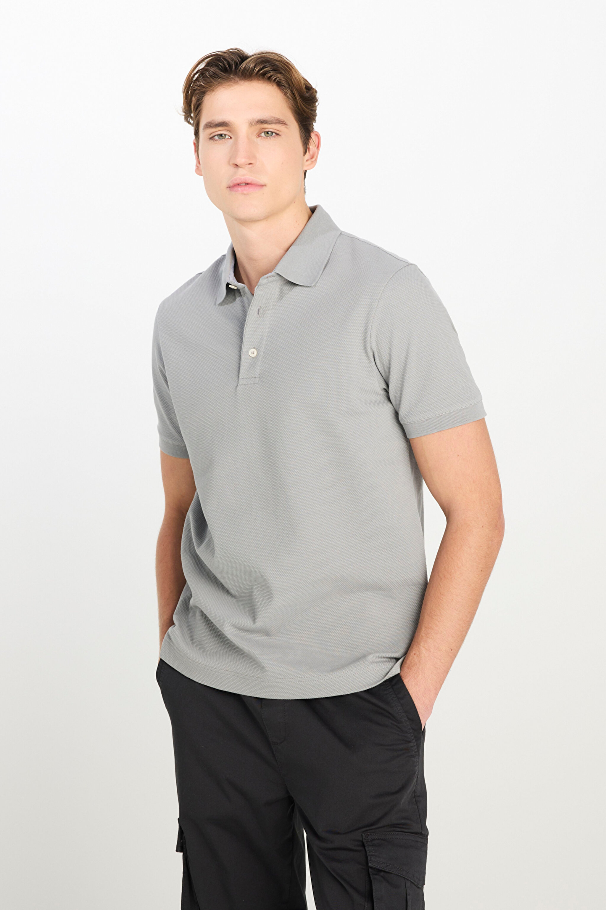 Regular Fit Normal Kesim Pamuklu Gri Polo Yaka Tişört