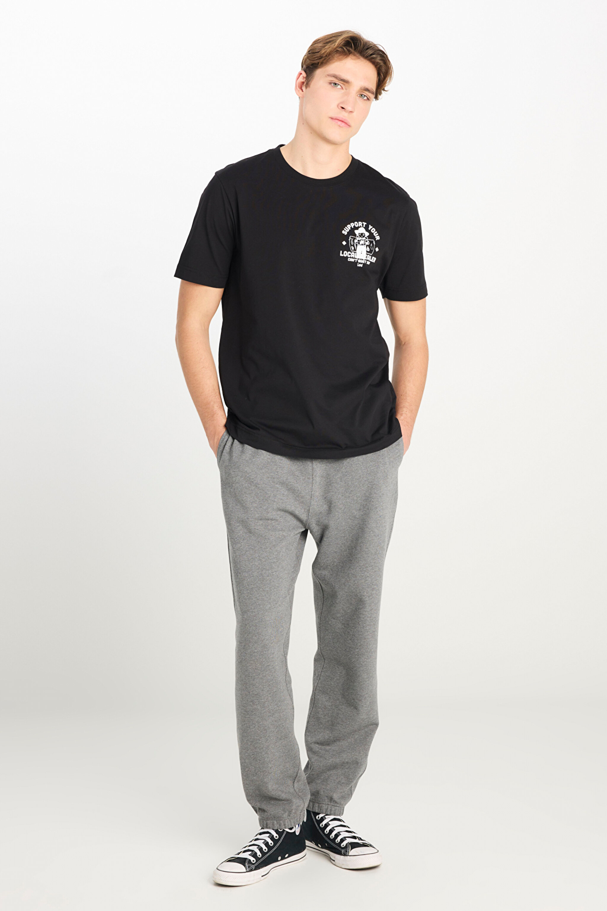 %100 Pamuk Regular Fit Normal Kesim Bisiklet Yaka Baskılı Siyah Tişört - Black-L2510554001 (görsel 3)