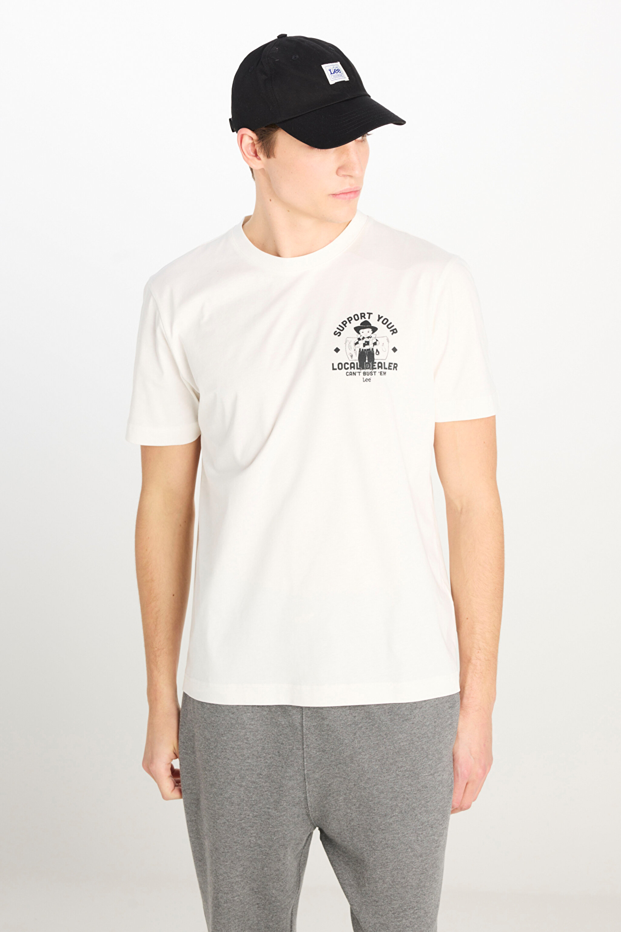 %100 Pamuk Regular Fit Normal Kesim Bisiklet Yaka Baskılı Ekru Tişört - Off White-L2510554102 (görsel 2)