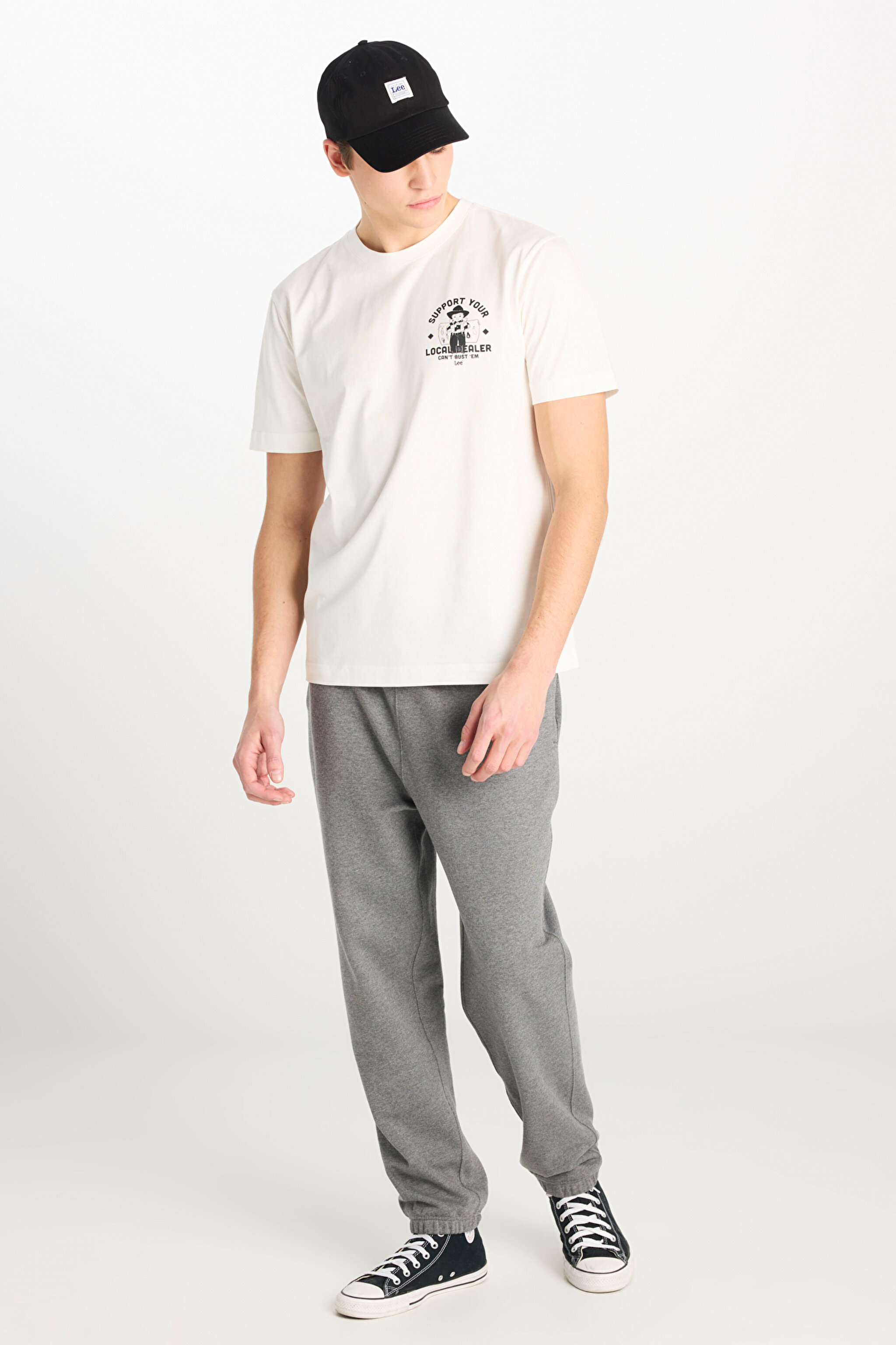 %100 Pamuk Regular Fit Normal Kesim Bisiklet Yaka Baskılı Ekru Tişört - Off White-L2510554102 (görsel 3)