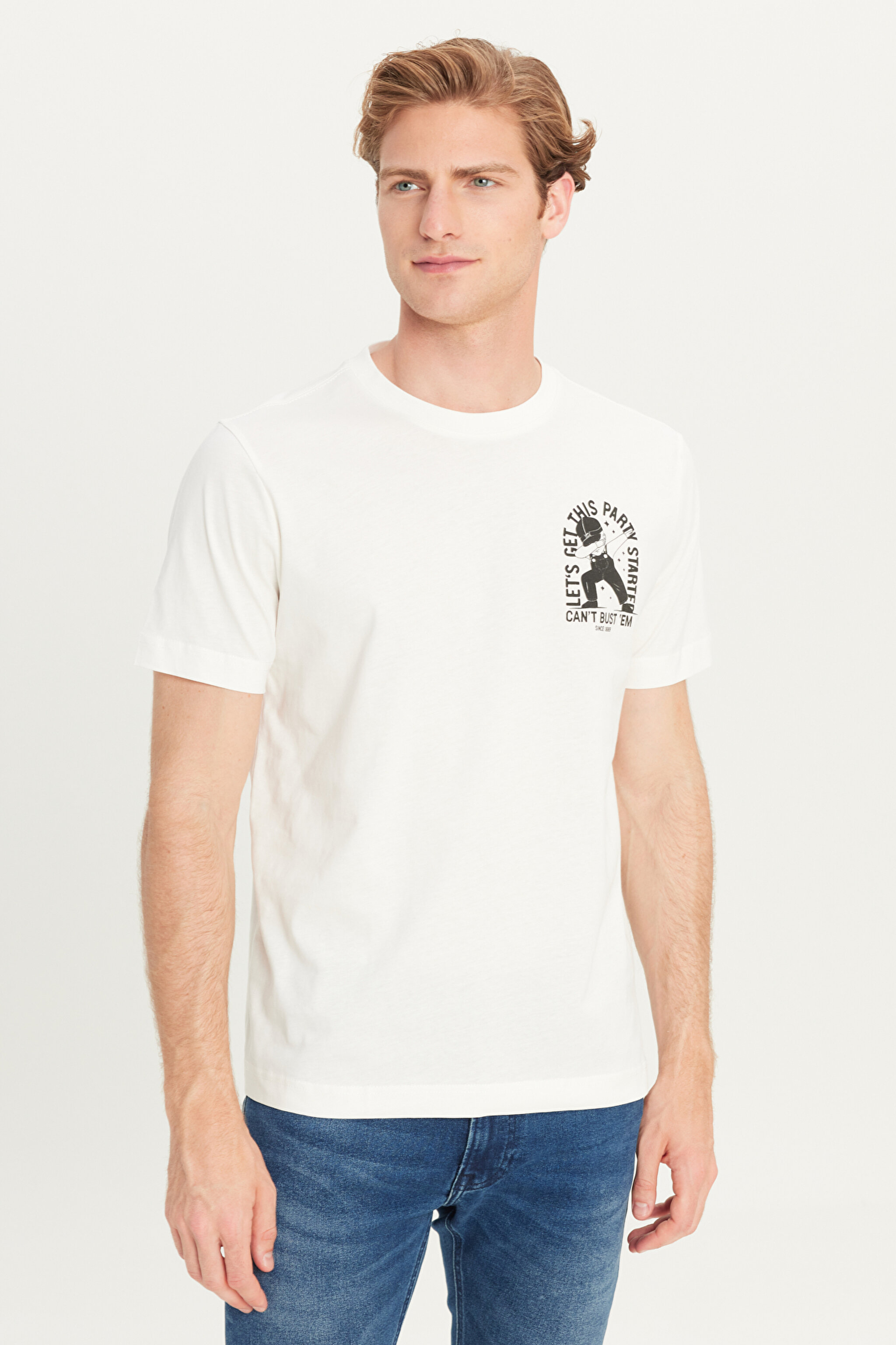 %100 Pamuk Regular Fit Normal Kesim Bisiklet Yaka Baskılı Ekru Tişört - Off White-L2510555102