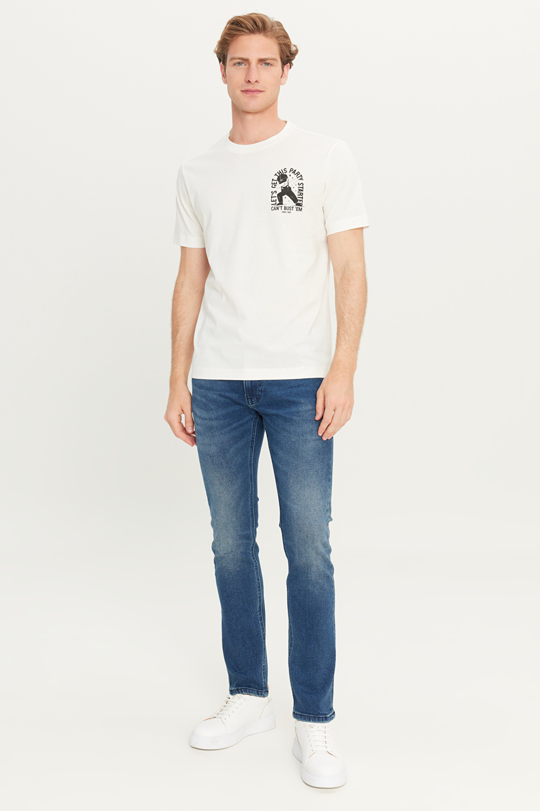 %100 Pamuk Regular Fit Normal Kesim Bisiklet Yaka Baskılı Ekru Tişört - Off White-L2510555102 (görsel 3)