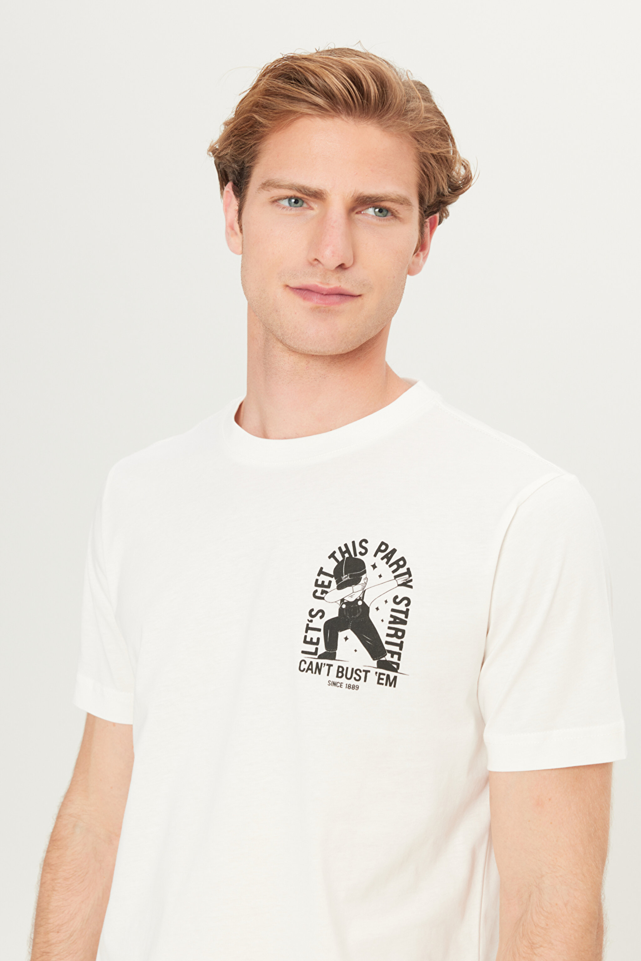 %100 Pamuk Regular Fit Normal Kesim Bisiklet Yaka Baskılı Ekru Tişört - Off White-L2510555102 (görsel 4)