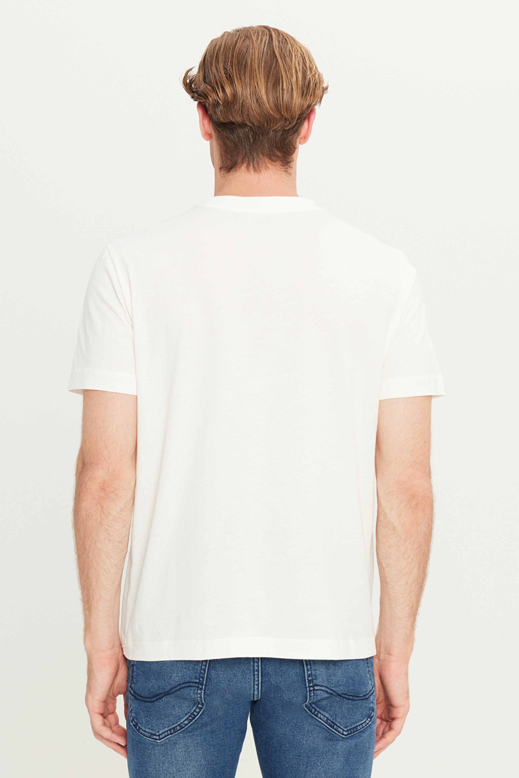 %100 Pamuk Regular Fit Normal Kesim Bisiklet Yaka Baskılı Ekru Tişört - Off White-L2510555102 (görsel 5)