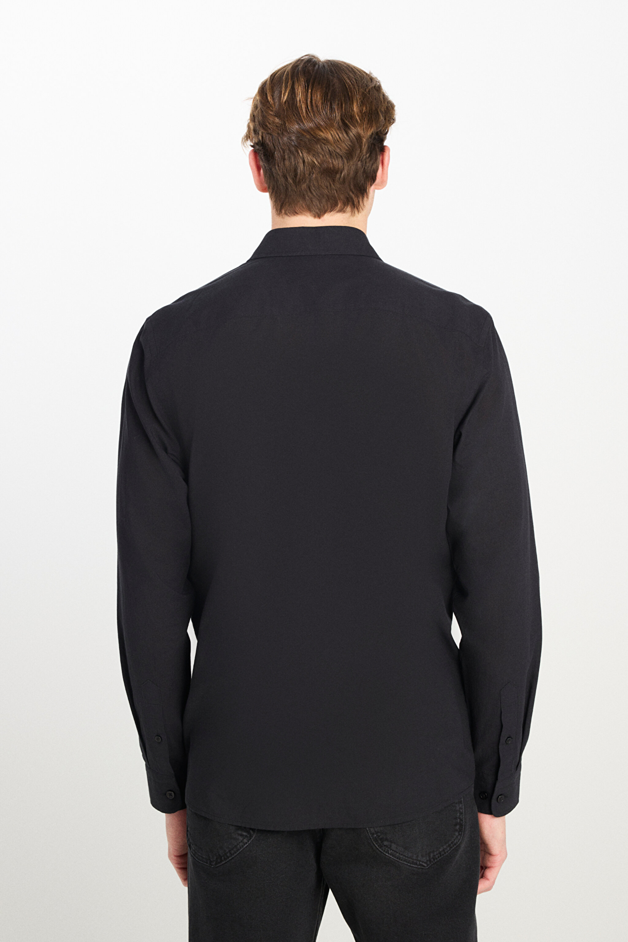 %100 Pamuk Regular Fit Normal Kesim Uzun Kollu Siyah Gömlek - Black-L2510557001 (görsel 5)