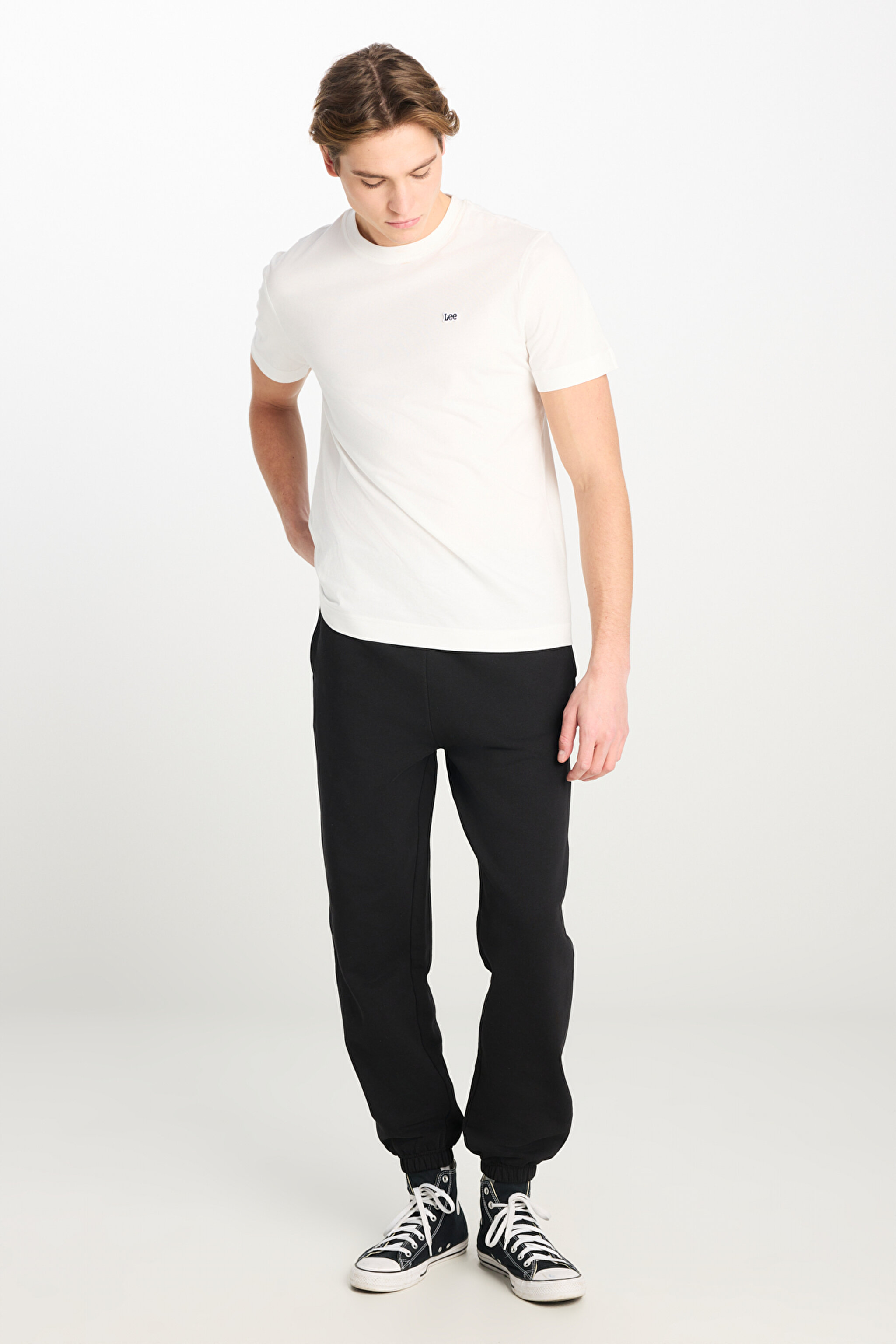 %100 Pamuk Regular Fit Normal Kesim Ribanalı Paça Siyah Jogger Pantolon - Black-L2510567001 (görsel 2)