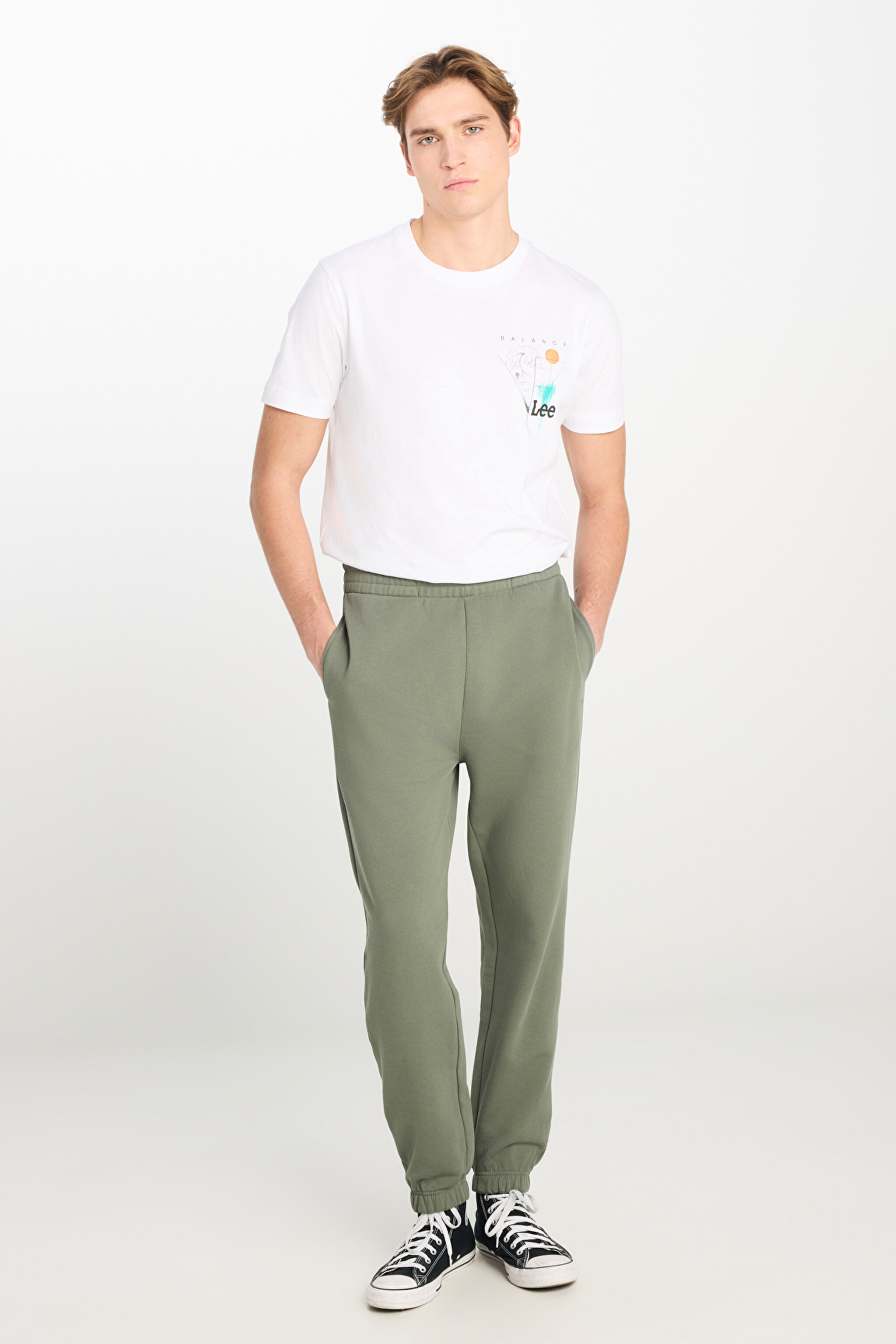 %100 Pamuk Regular Fit Normal Kesim Ribanalı Paça Haki Jogger Pantolon - Khaki-L2510567801