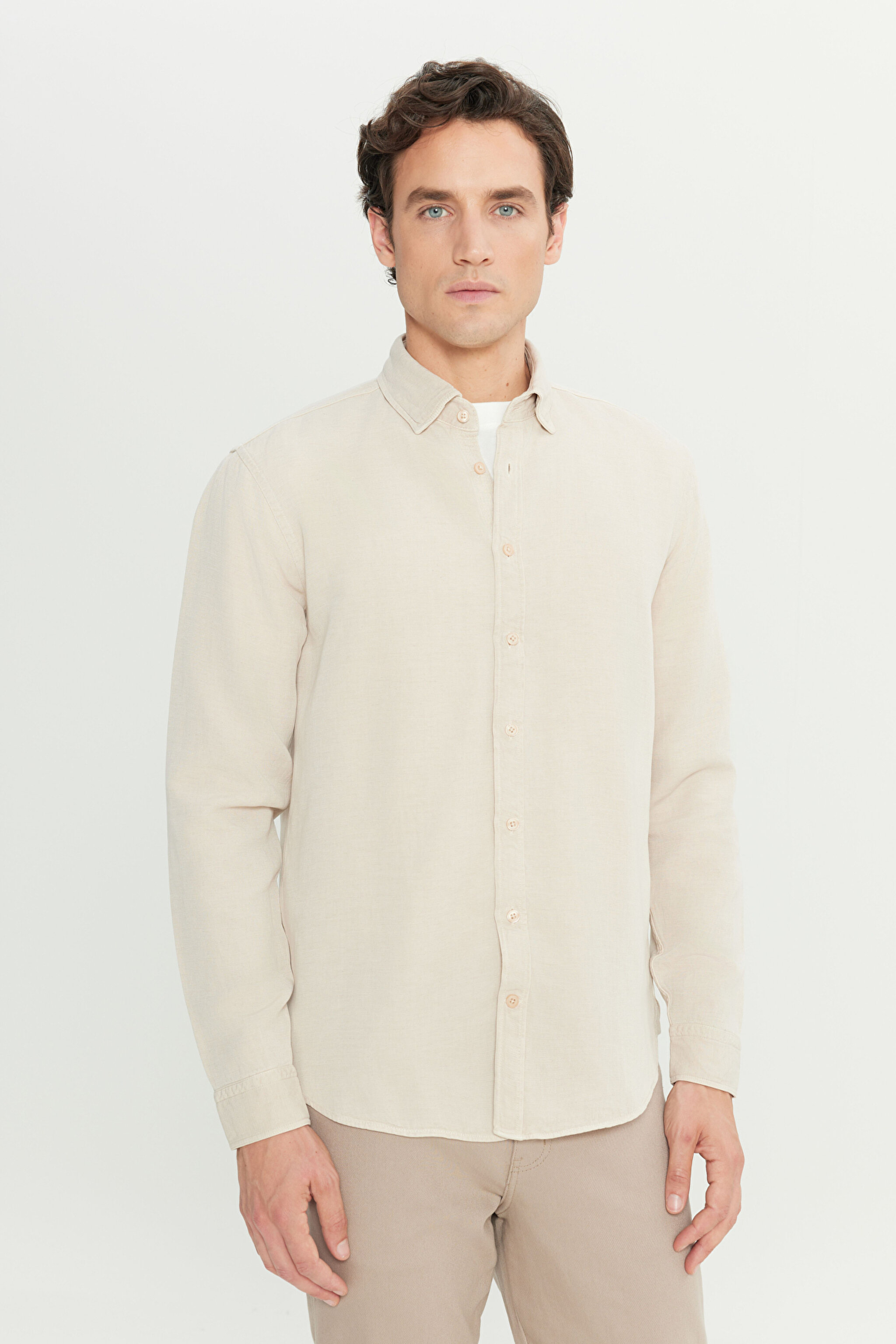 Regular Fit Normal Kesim Keten Pamuk Karışımlı Bej Gömlek - Beige-L2510570614 (görsel 2)