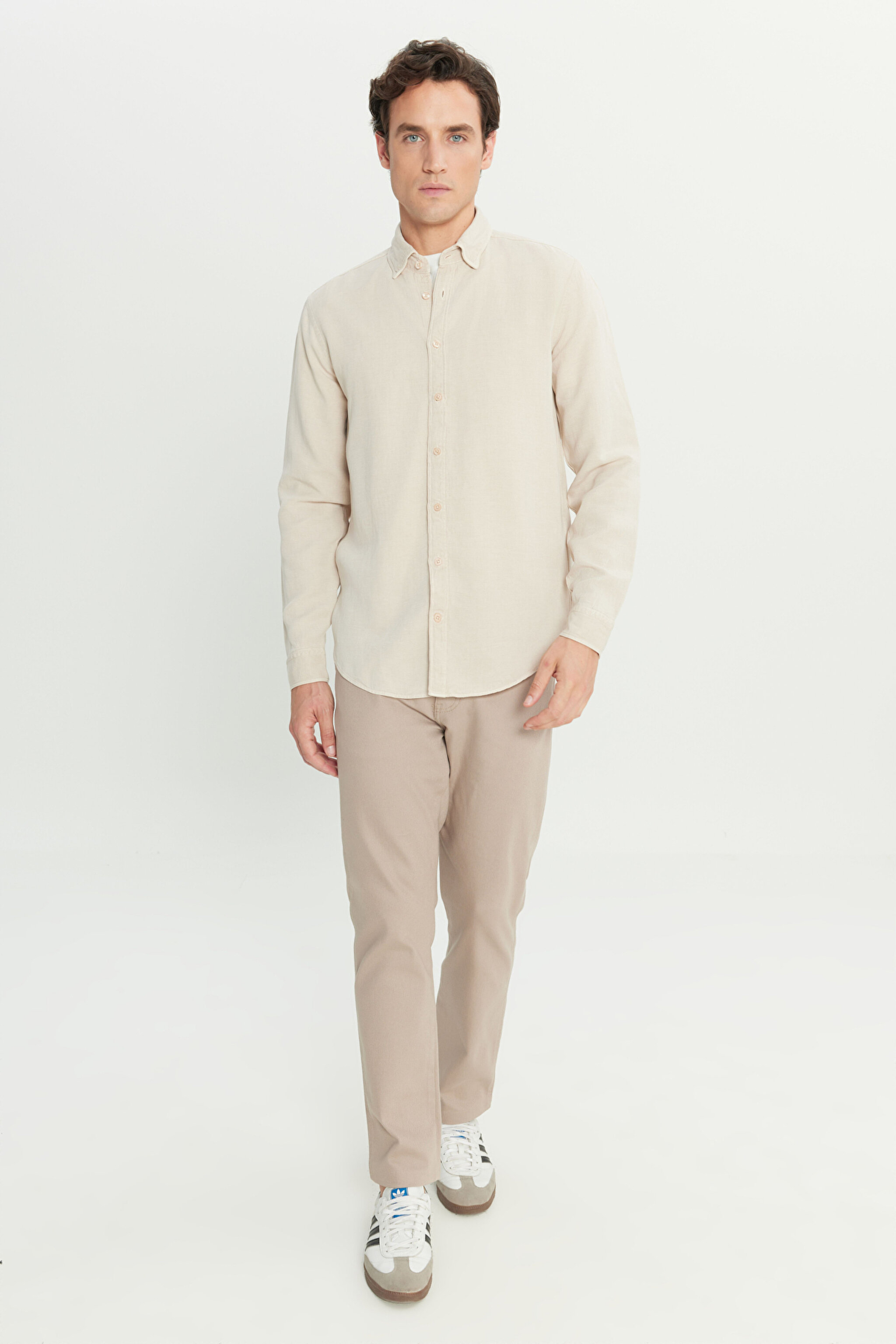 Regular Fit Normal Kesim Keten Pamuk Karışımlı Bej Gömlek - Beige-L2510570614 (görsel 3)