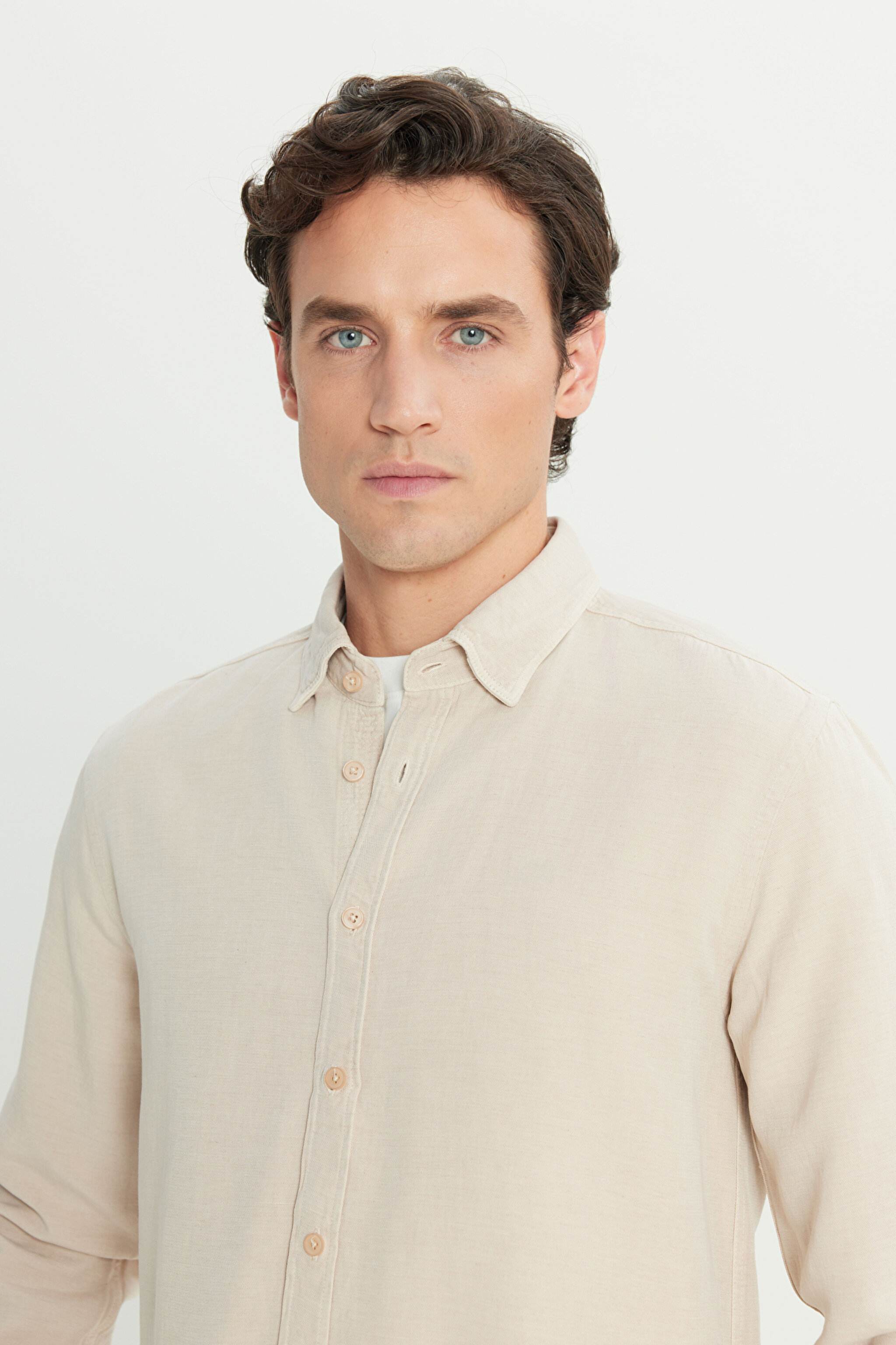 Regular Fit Normal Kesim Keten Pamuk Karışımlı Bej Gömlek - Beige-L2510570614 (görsel 4)