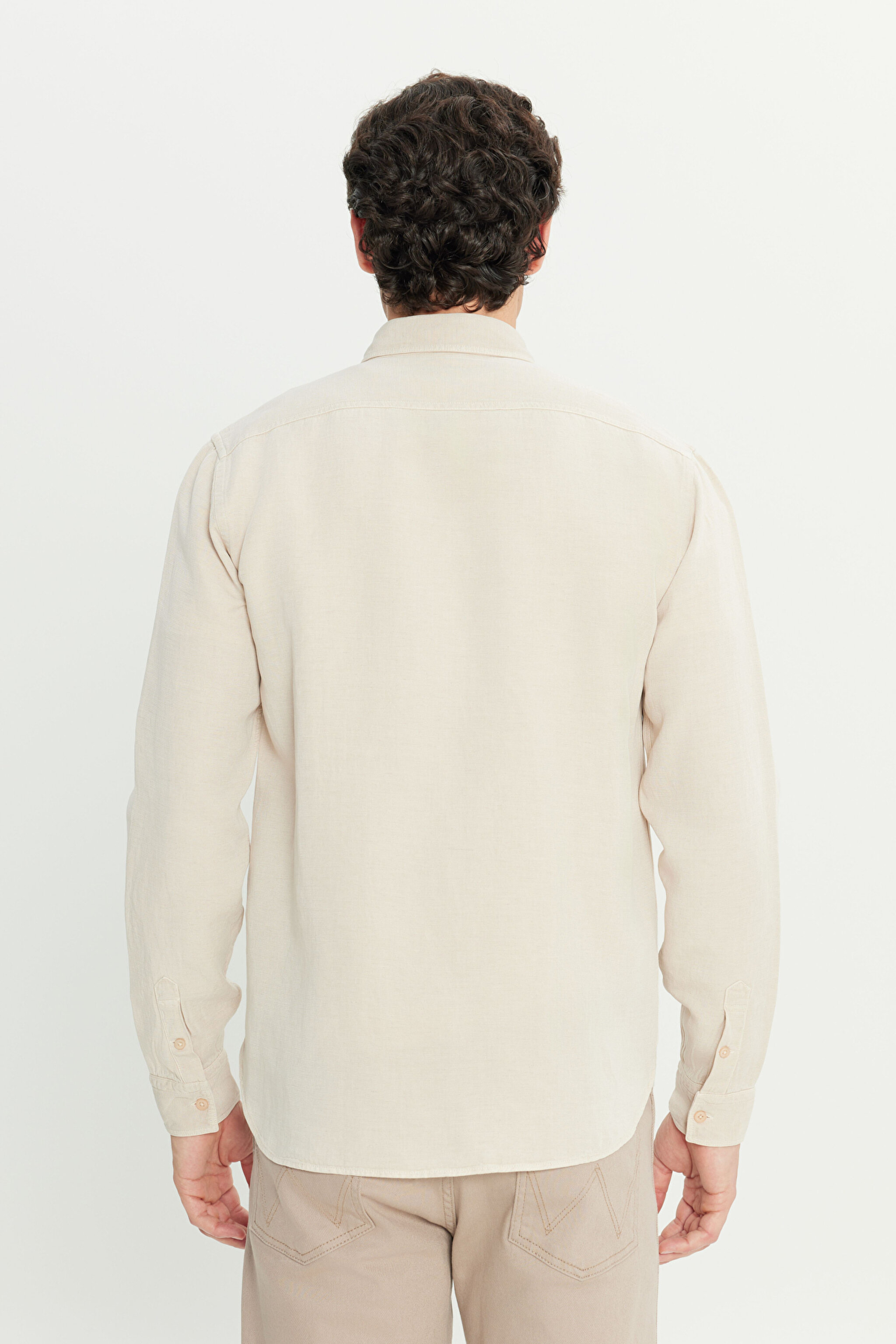 Regular Fit Normal Kesim Keten Pamuk Karışımlı Bej Gömlek - Beige-L2510570614 (görsel 5)