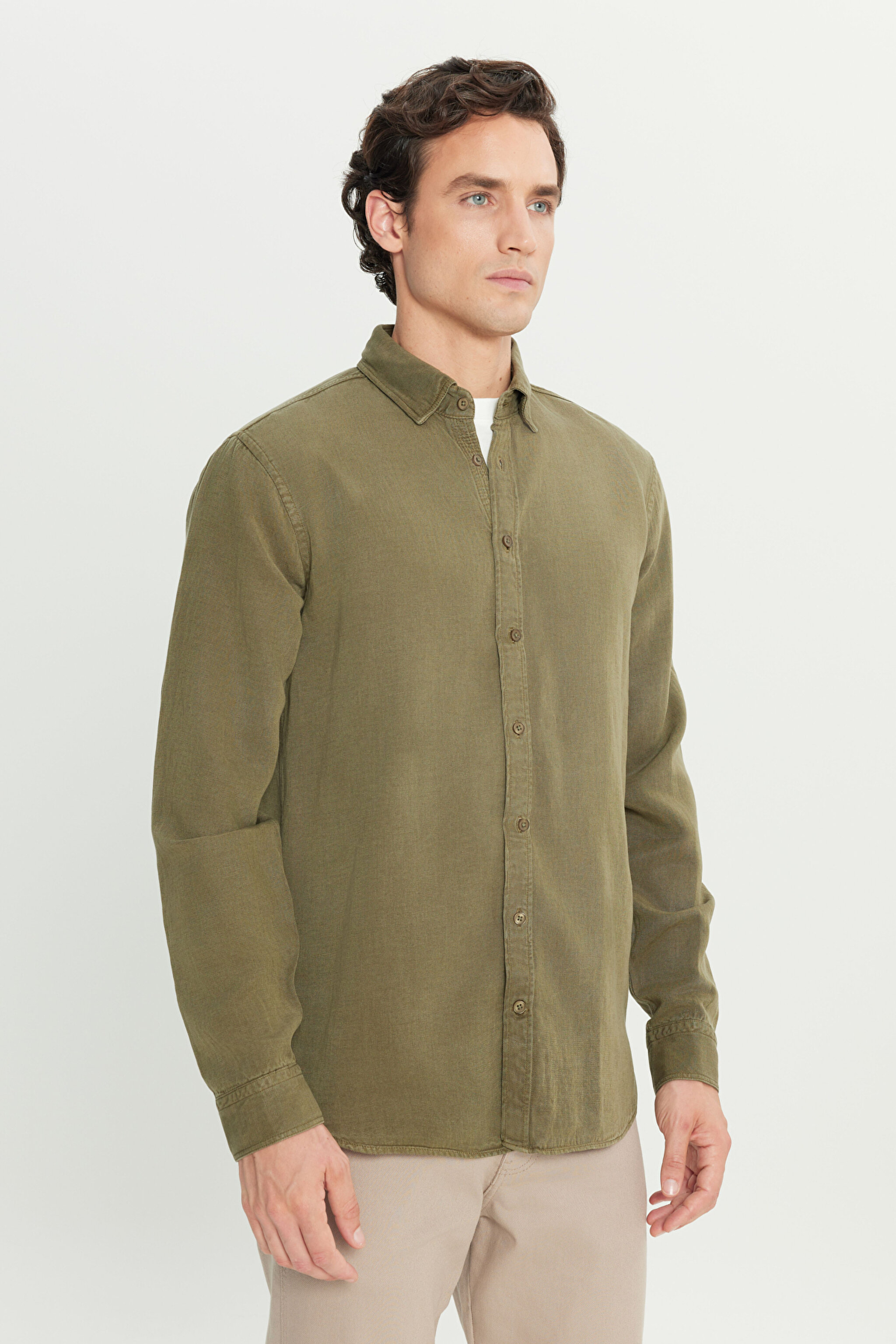Regular Fit Normal Kesim Keten Pamuk Karışımlı Haki Gömlek - Khaki-L2510570801 (görsel 2)