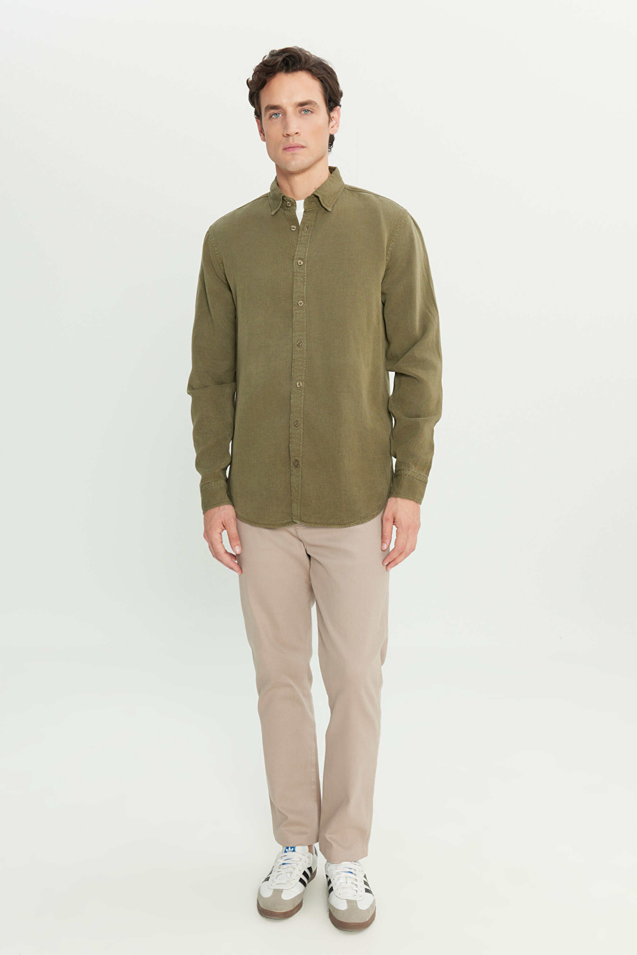 Regular Fit Normal Kesim Keten Pamuk Karışımlı Haki Gömlek - Khaki-L2510570801 (görsel 3)