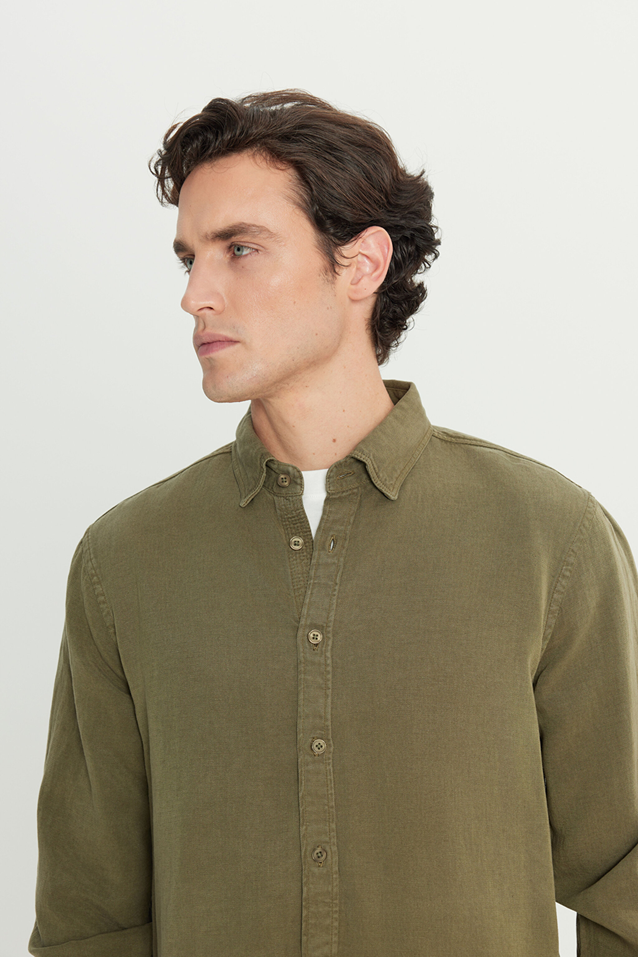 Regular Fit Normal Kesim Keten Pamuk Karışımlı Haki Gömlek - Khaki-L2510570801 (görsel 4)