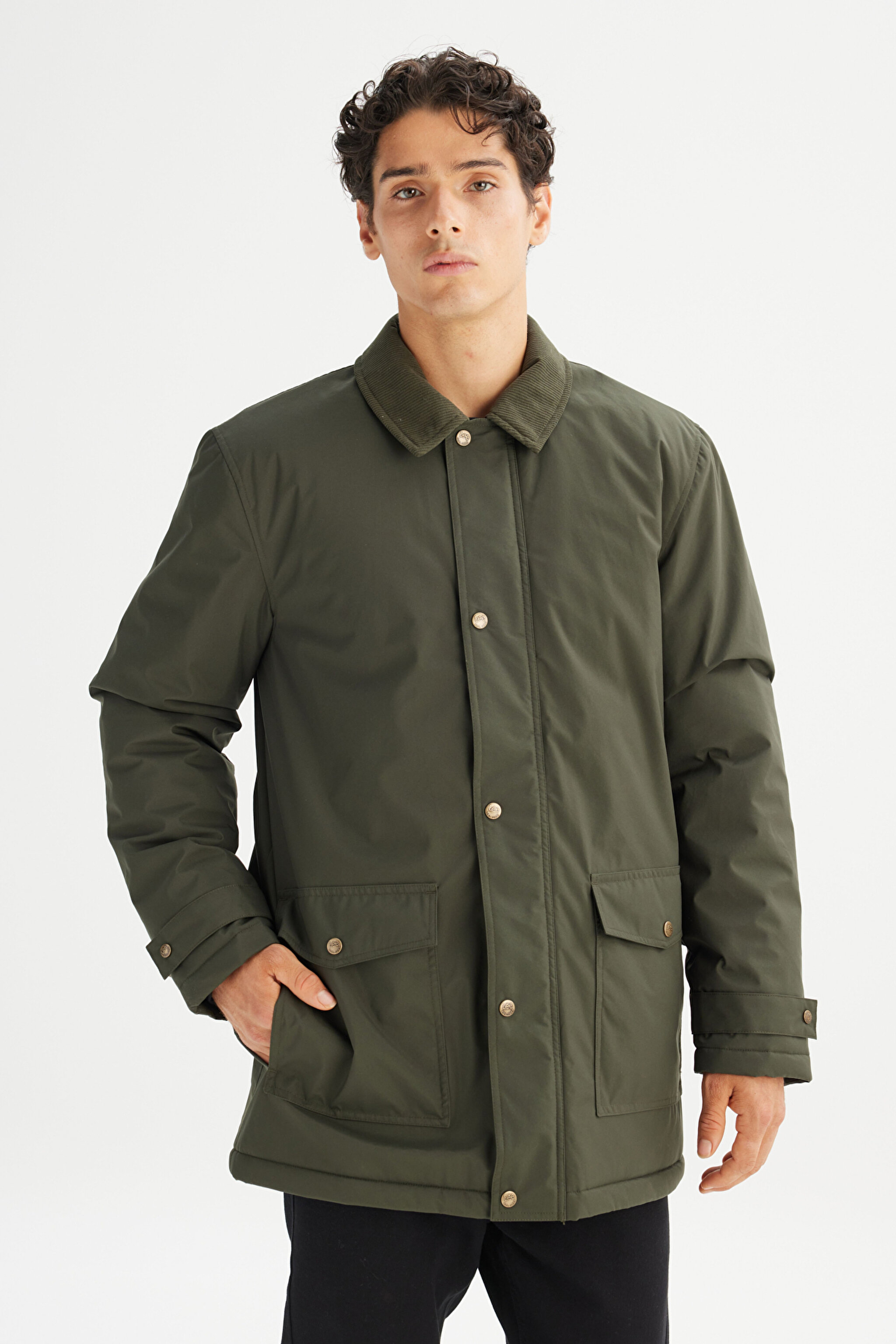 Sıcak Tutan Regular Fit Normal Kesim İçi Polarlı Cepli Parka - Olive-L2520059308 (görsel 3)
