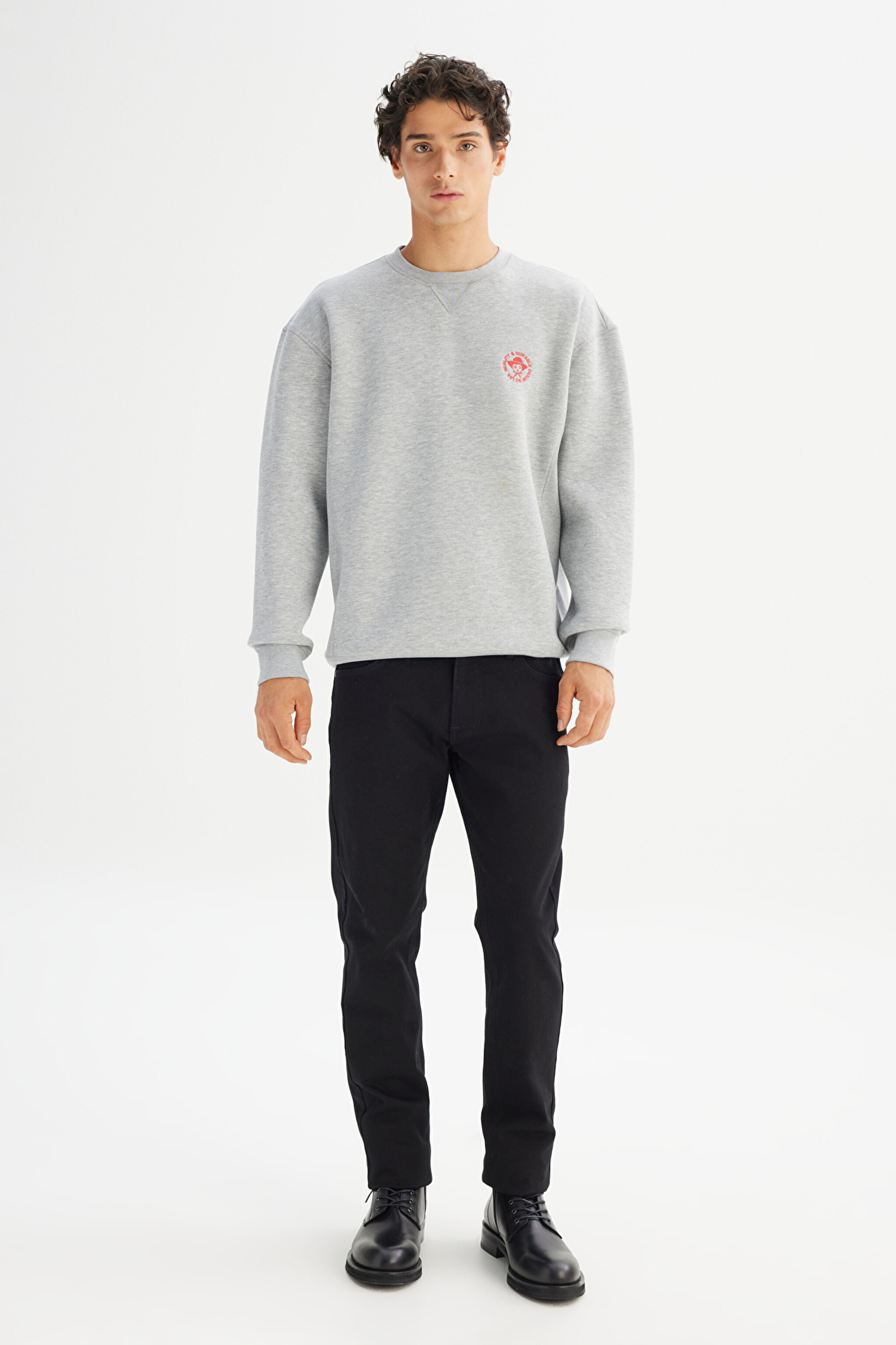 Pamuklu İçi Polarlı Regular Fit Normal Kesim Bisiklet Yaka Baskılı Sweatshirt - GrayMelange-L252009136 (görsel 2)
