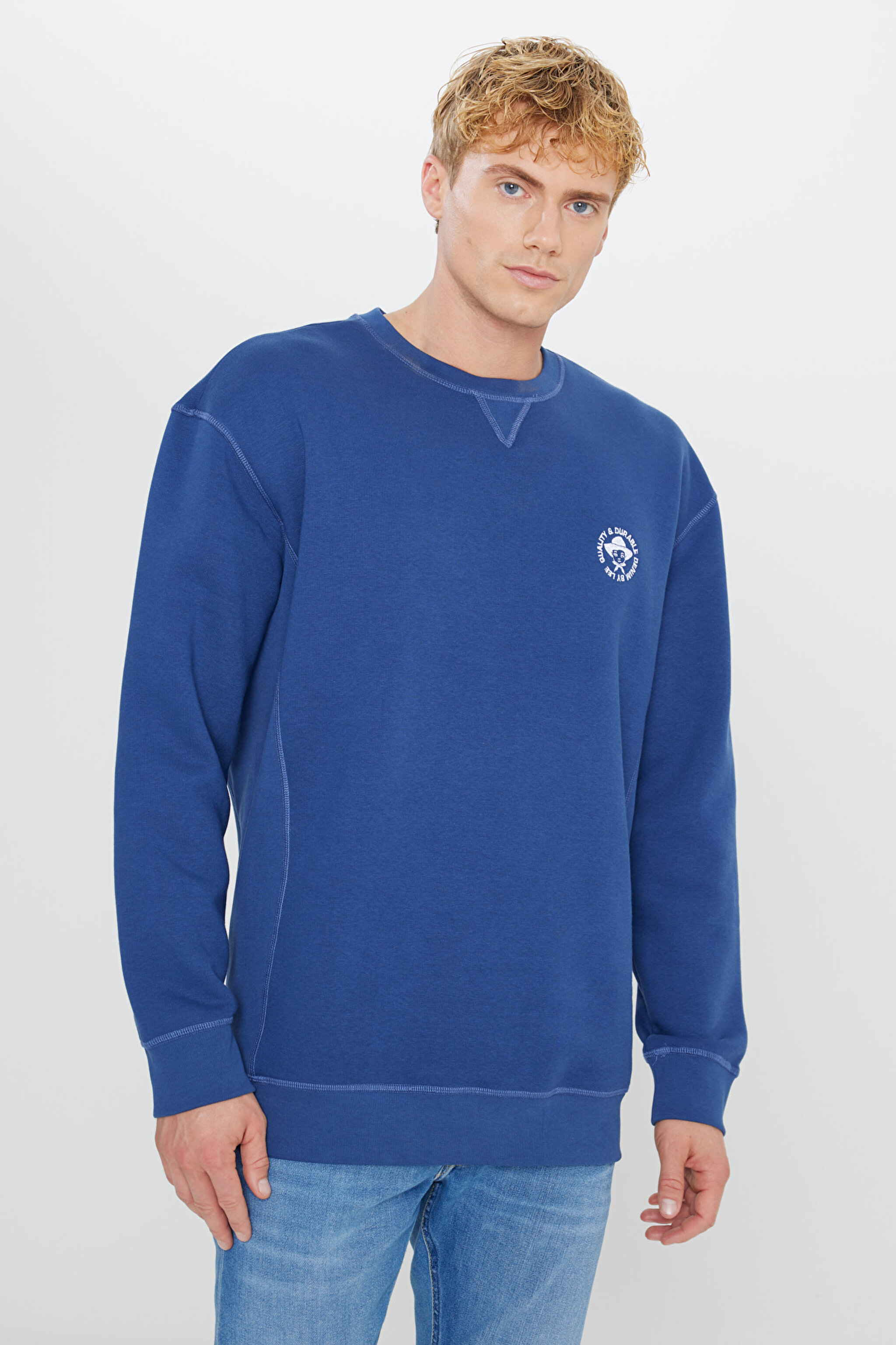 Pamuklu İçi Polarlı Regular Fit Normal Kesim Bisiklet Yaka Baskılı Sweatshirt - Night Blue-L2520091422 (görsel 3)