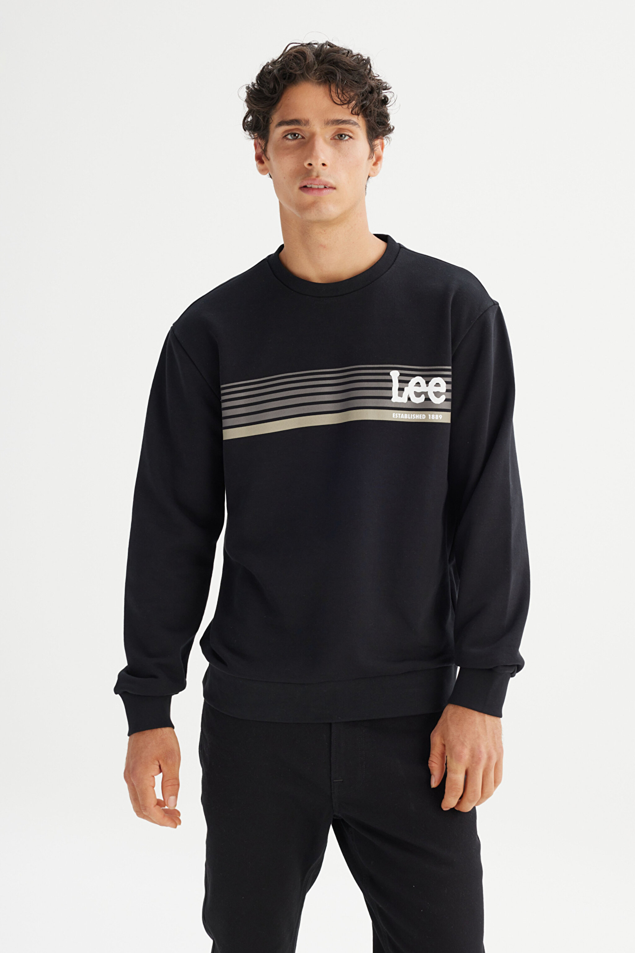 Regular Fit Normal Kesim Bisiklet Yaka Baskılı Siyah Sweatshirt