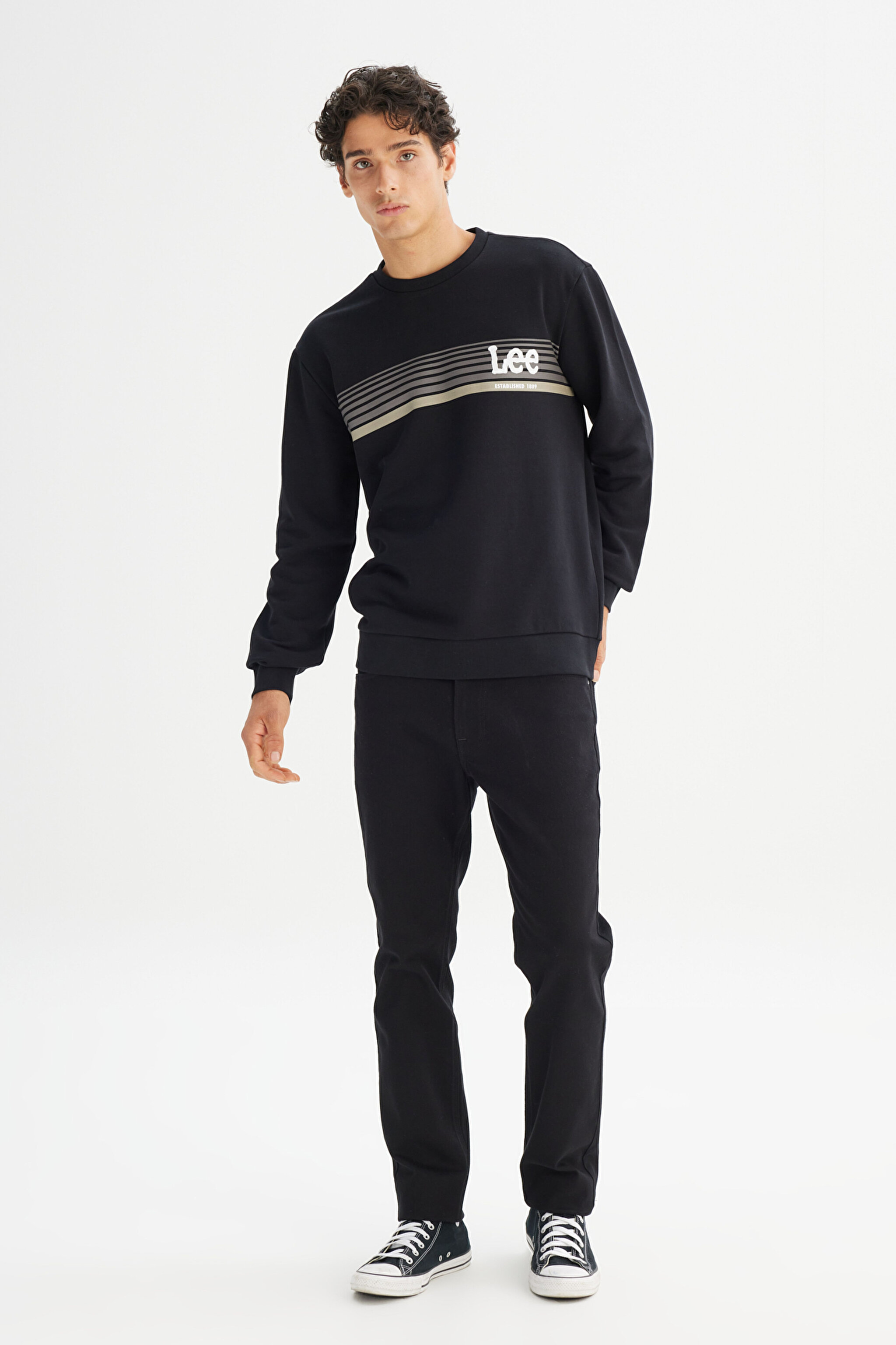 Regular Fit Normal Kesim Bisiklet Yaka Baskılı Siyah Sweatshirt - Black-L2520099001 (görsel 2)
