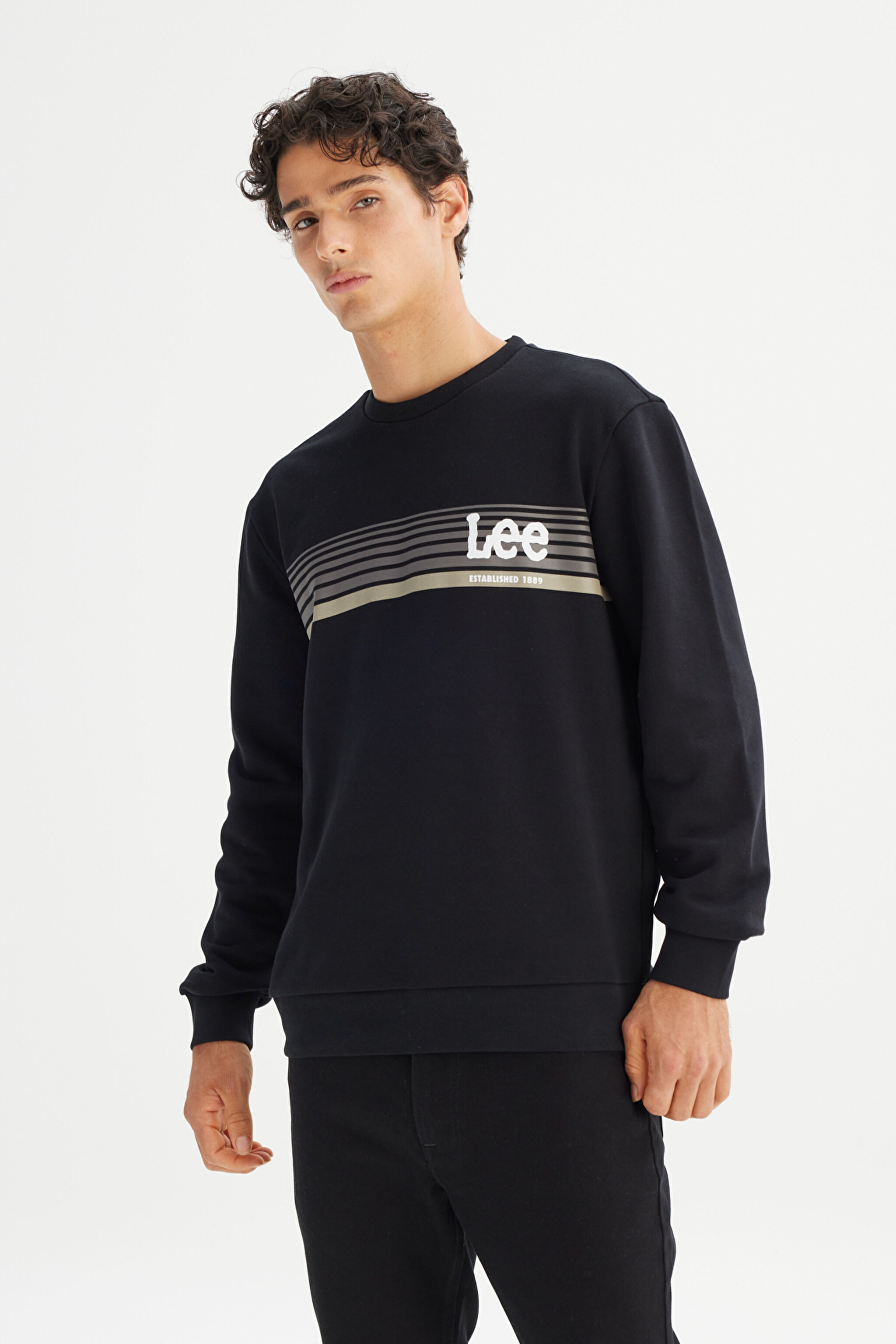 Regular Fit Normal Kesim Bisiklet Yaka Baskılı Siyah Sweatshirt - Black-L2520099001 (görsel 3)