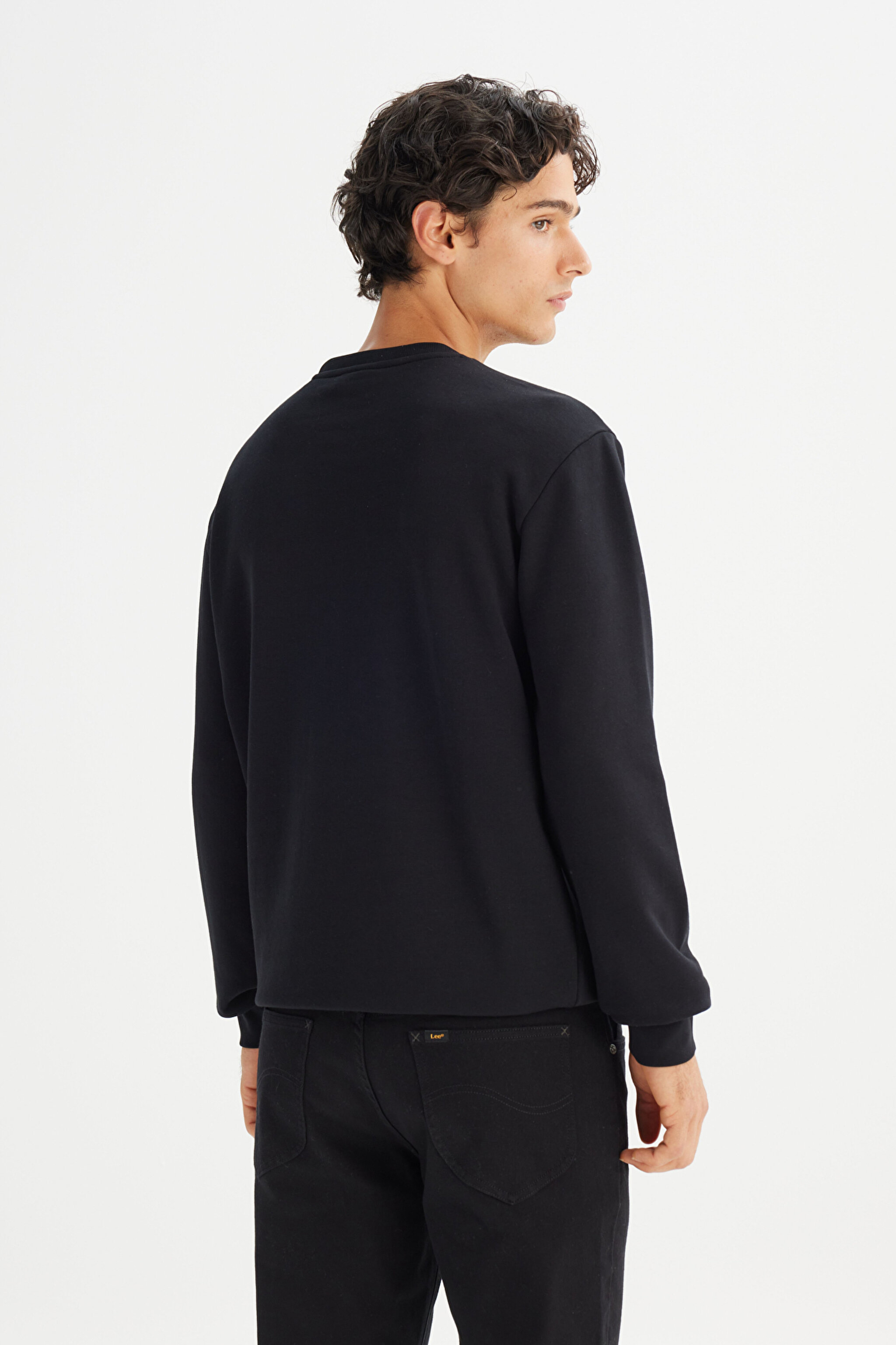 Regular Fit Normal Kesim Bisiklet Yaka Baskılı Siyah Sweatshirt - Black-L2520099001 (görsel 5)