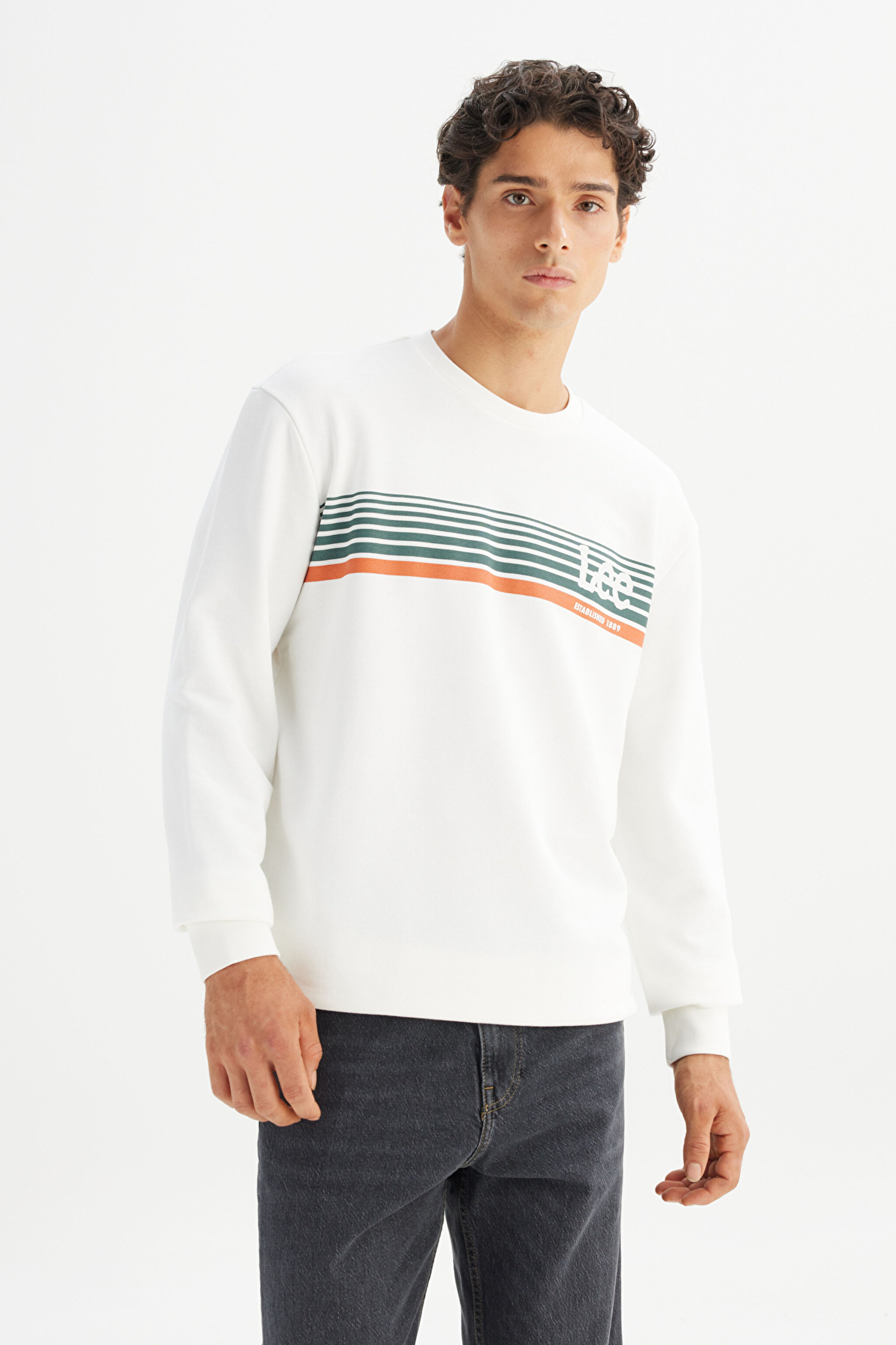 Regular Fit Normal Kesim Bisiklet Yaka Baskılı Kırık Beyaz Sweatshirt