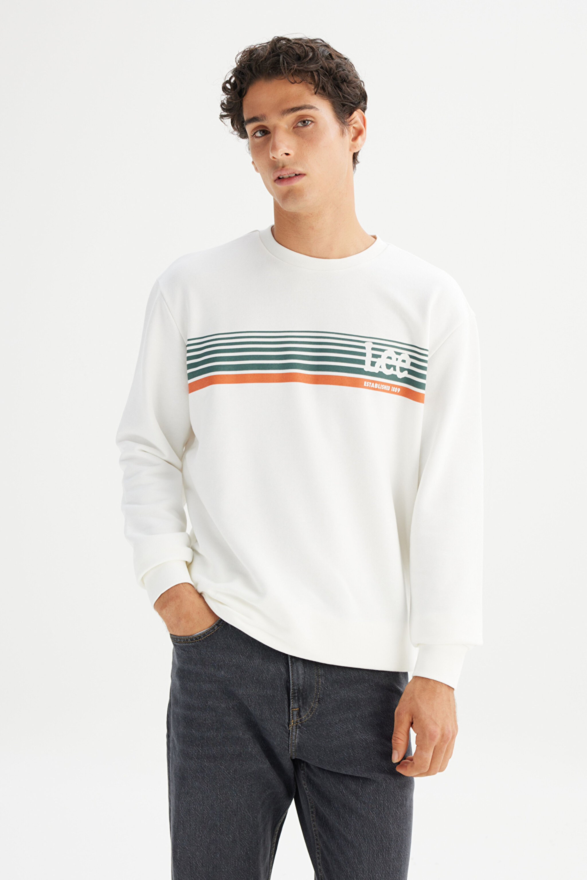 Regular Fit Normal Kesim Bisiklet Yaka Baskılı Kırık Beyaz Sweatshirt - Off White-L2520099102 (görsel 3)