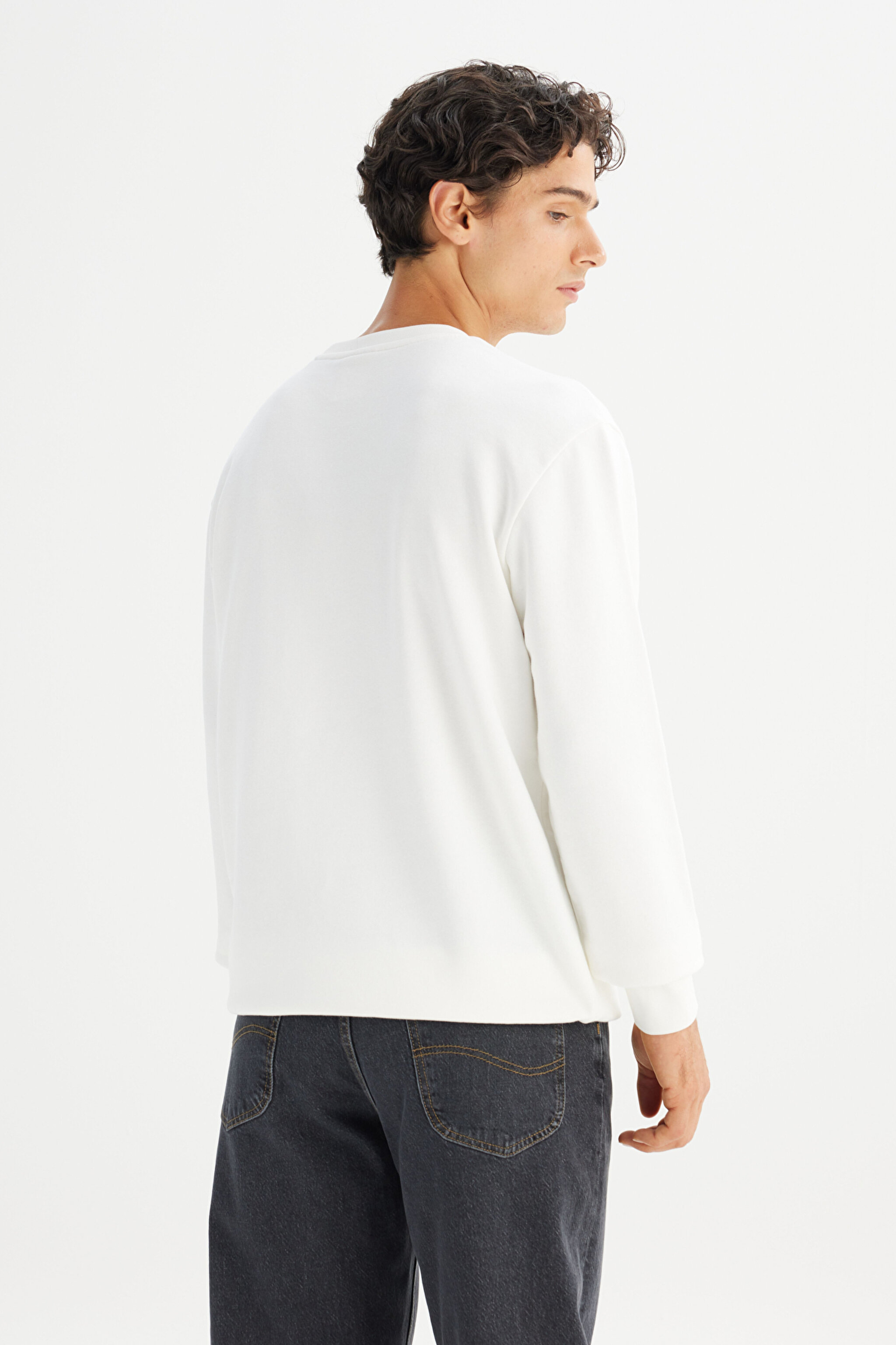 Regular Fit Normal Kesim Bisiklet Yaka Baskılı Kırık Beyaz Sweatshirt - Off White-L2520099102 (görsel 5)