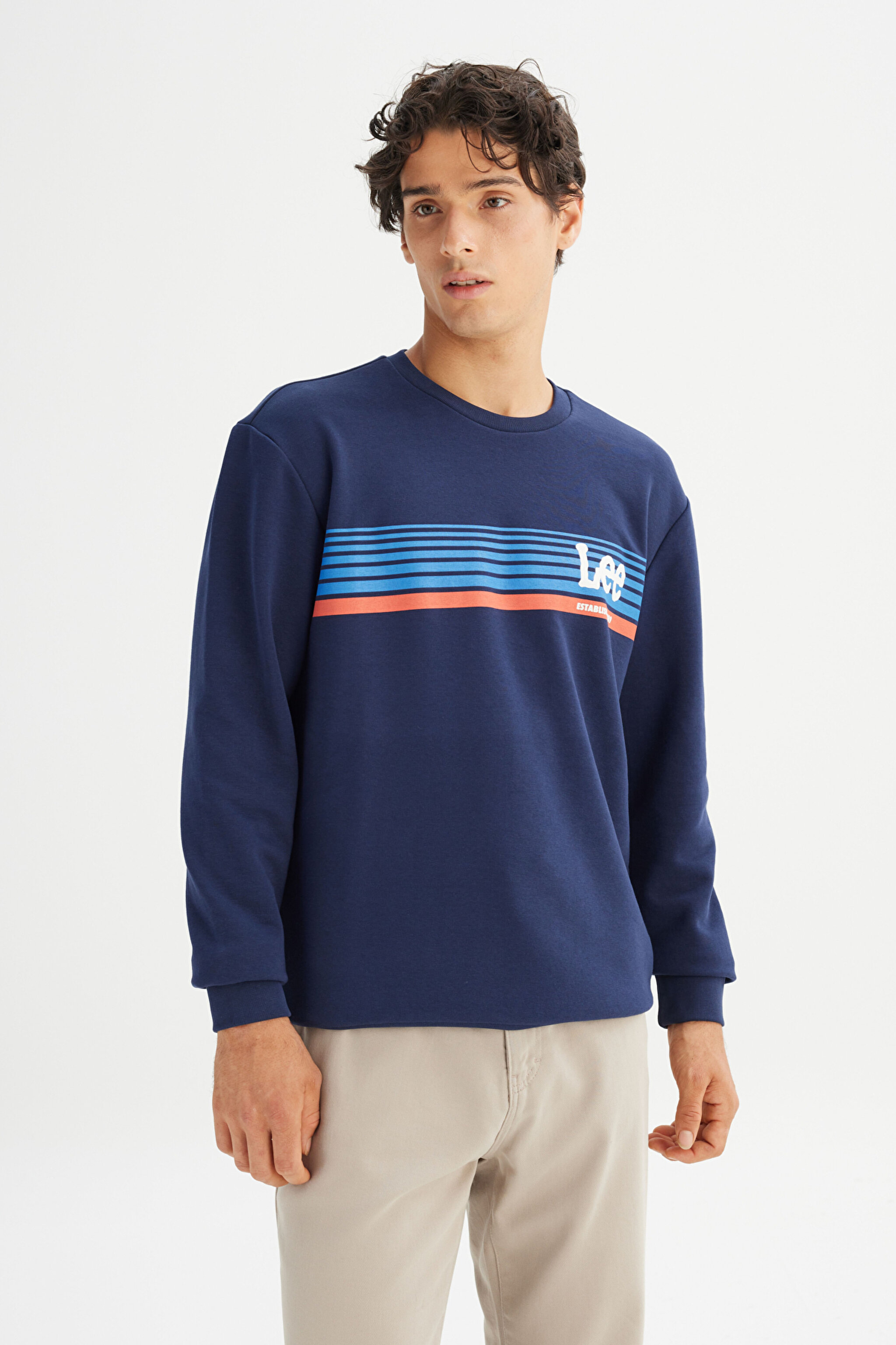 Regular Fit Normal Kesim Bisiklet Yaka Baskılı Lacivert Sweatshirt