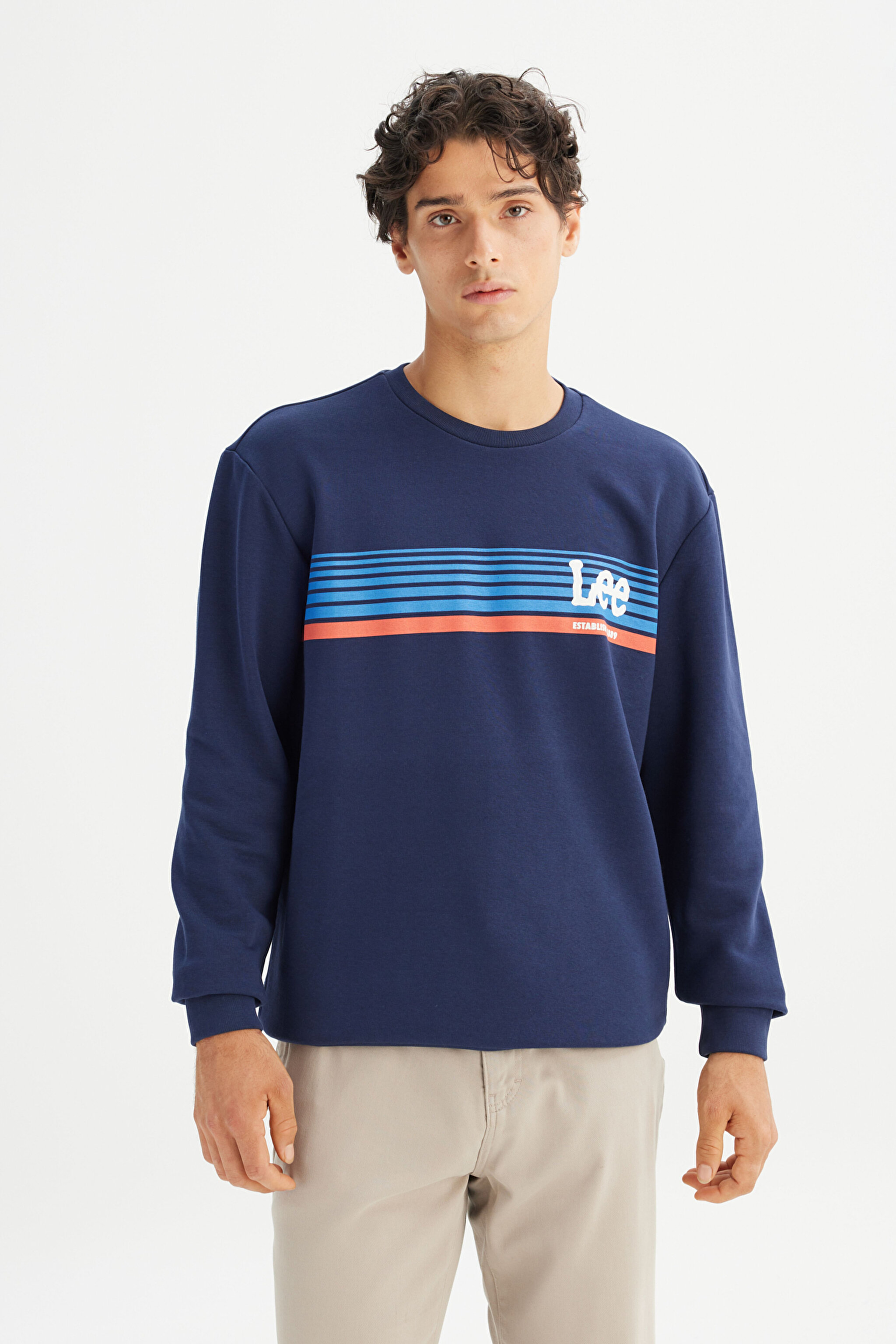 Regular Fit Normal Kesim Bisiklet Yaka Baskılı Lacivert Sweatshirt - DarKNavy-L2520099411 (görsel 3)