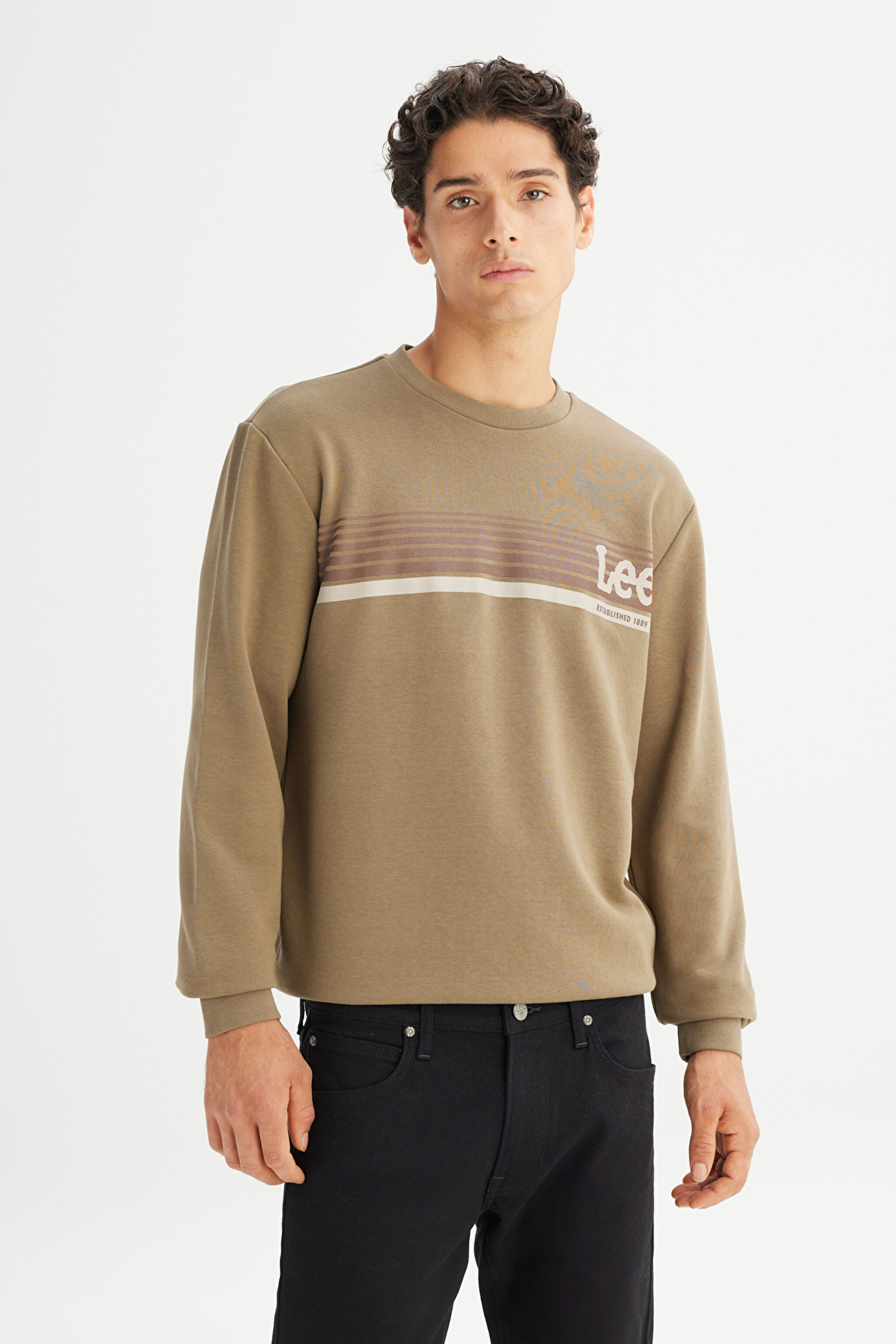 Regular Fit Normal Kesim Bisiklet Yaka Baskılı Haki Sweatshirt