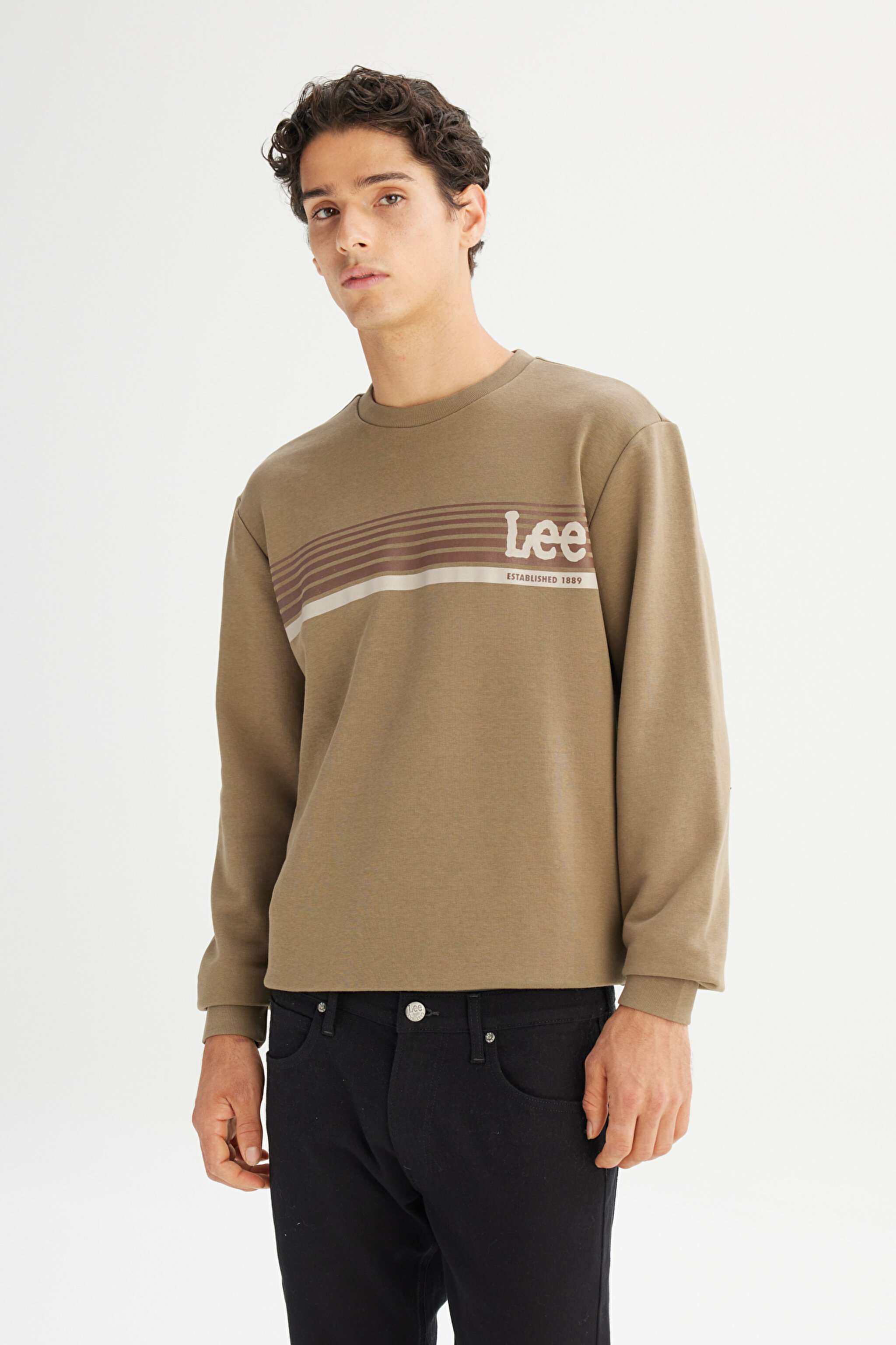 Regular Fit Normal Kesim Bisiklet Yaka Baskılı Haki Sweatshirt - Khaki-L2520099801 (görsel 3)